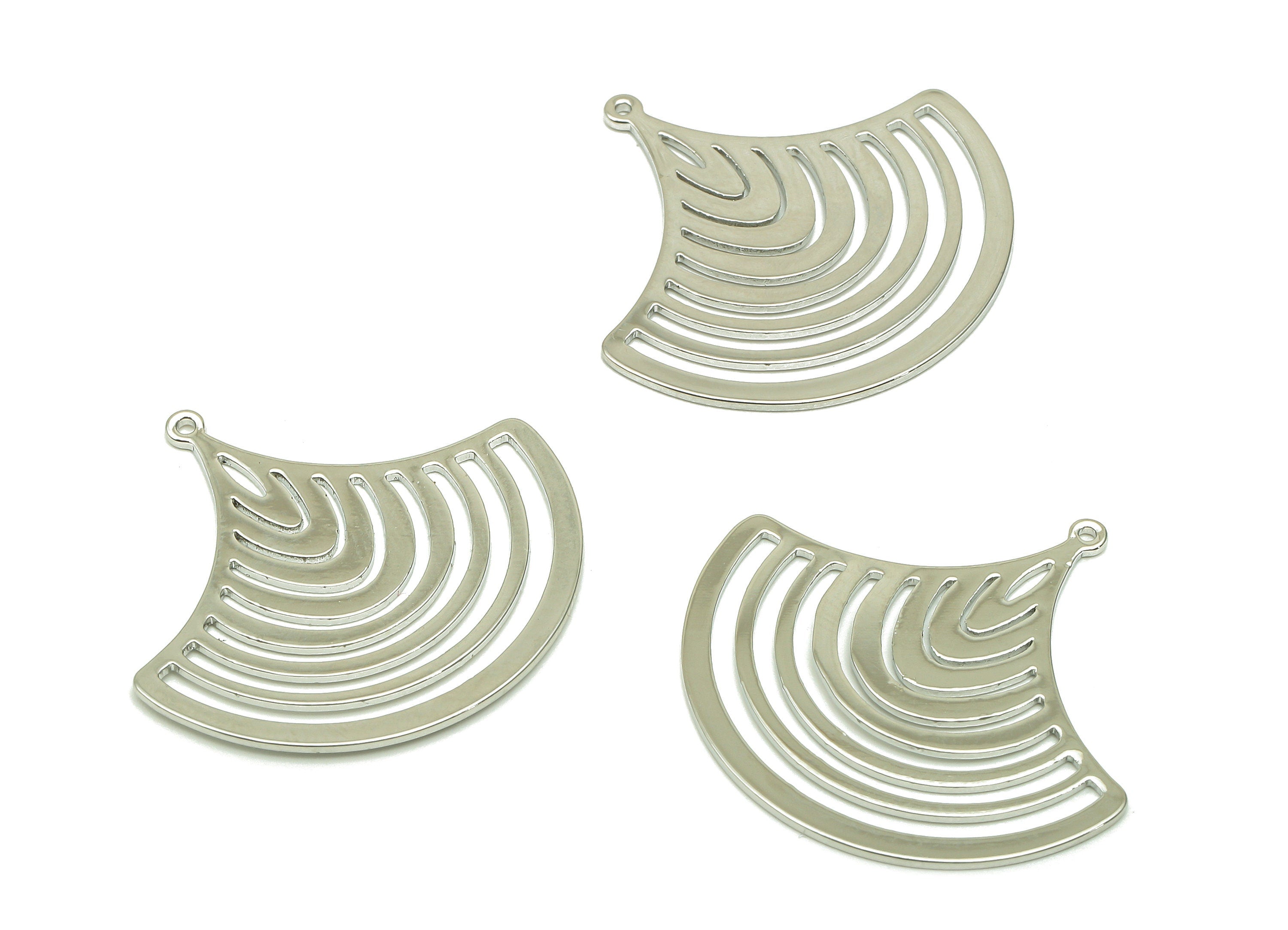 Brass Ginkgo Earring Charm - Sector Hollow Pendant With Loop - Fan Charm For Necklace - 18K Real White Gold Plating-25.2x26.6x0.6mm-RGP5757S - DOMEDBAZAAR
