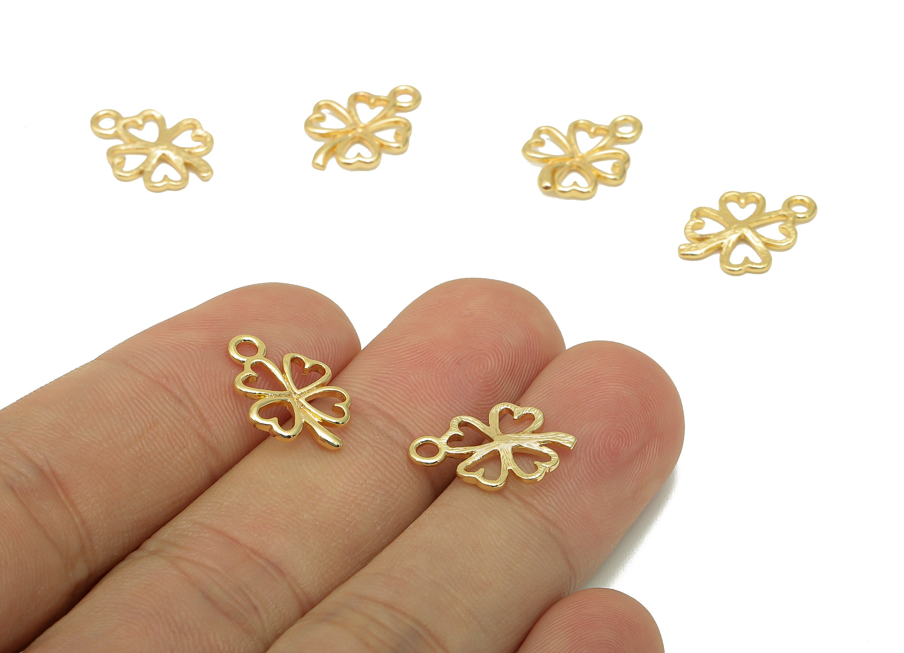 Brass Four-Leaf Clover Earring - Leaf Heart Charm With Loop - Flower Necklace Pendant - 18K Real Gold Plating - 16.5x11.3x1.4mm - RGP5690 - DOMEDBAZAAR
