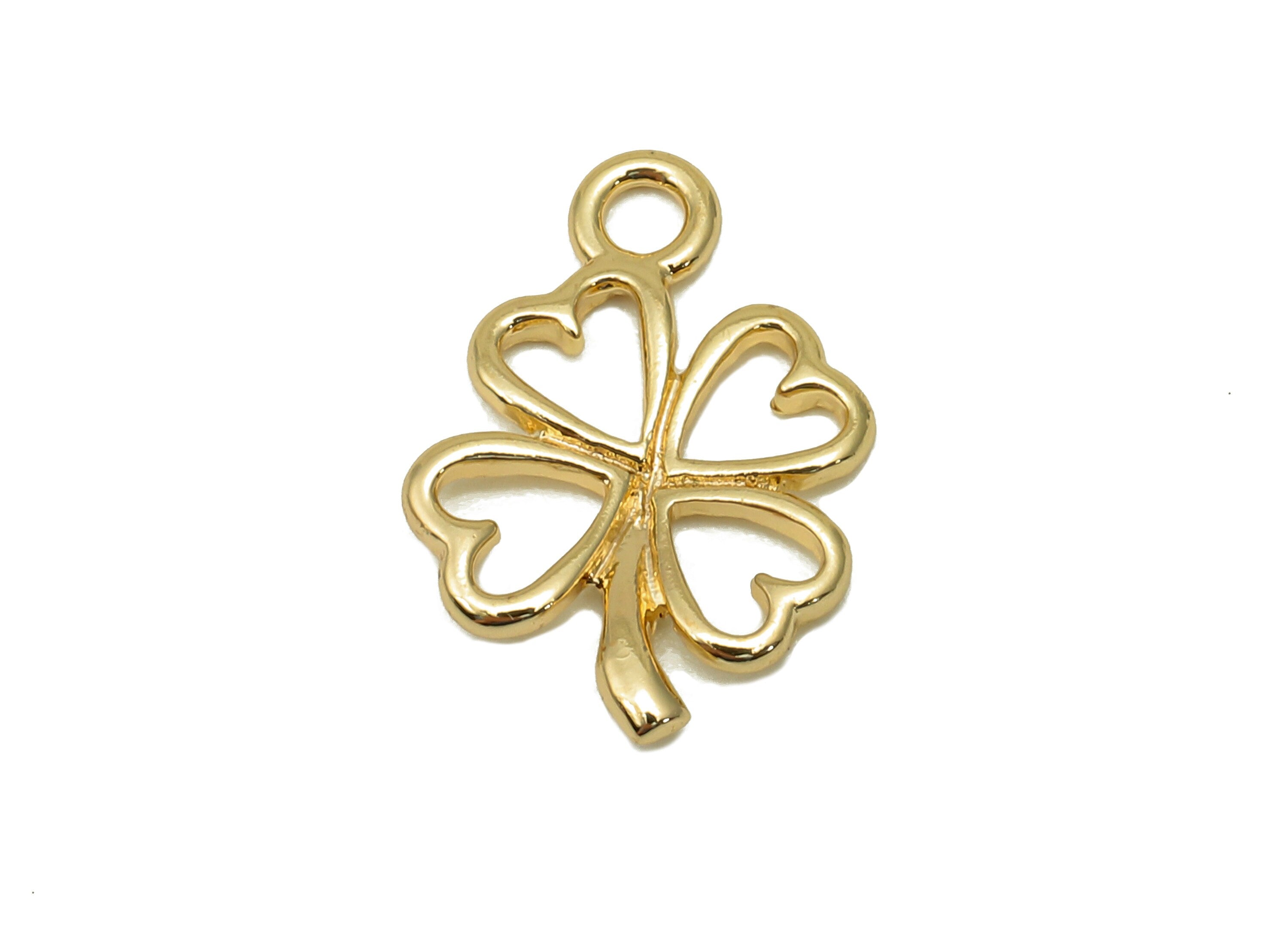 Brass Four-Leaf Clover Earring - Leaf Heart Charm With Loop - Flower Necklace Pendant - 18K Real Gold Plating - 16.5x11.3x1.4mm - RGP5690 - DOMEDBAZAAR