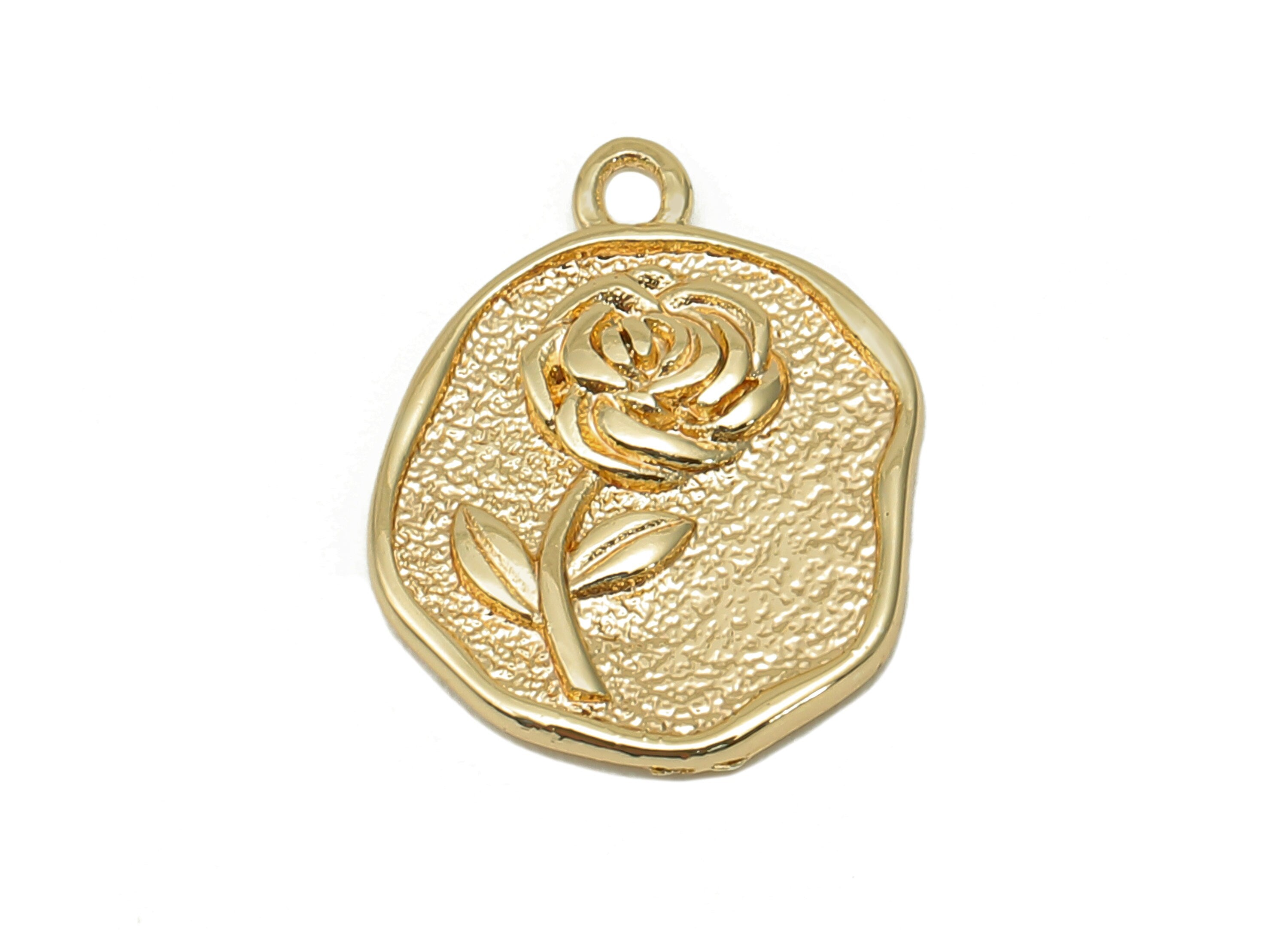 Brass Rose Oval Earring Charm - Gold Textured Flower Oval Earring - Pendant With Loop - 18K Real Gold Plating - 16.5x12.5x1.7mm -RGP5692 - DOMEDBAZAAR
