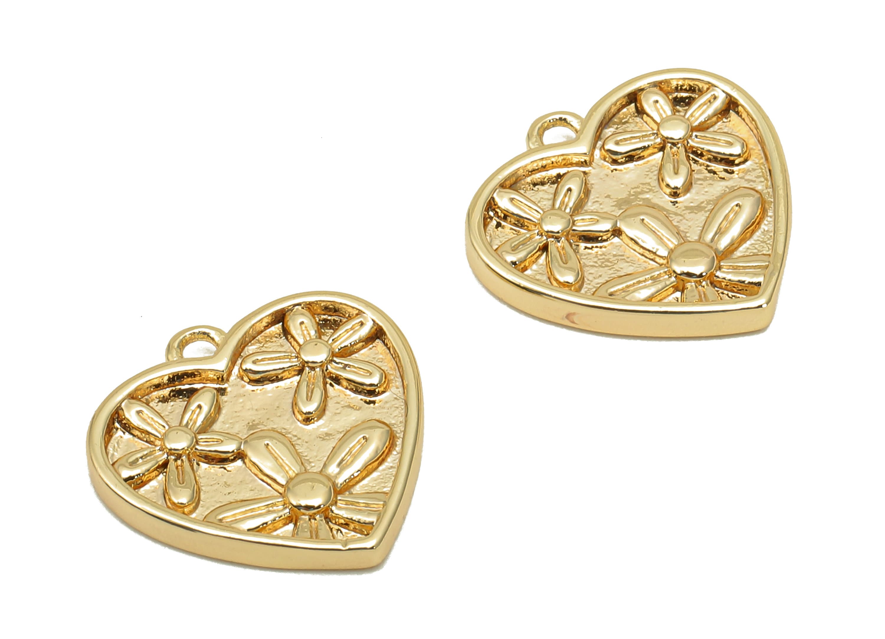 Brass Flower Heart Earring Charm - Gold Thick Heart Earring - Heart Pendant With Loop - 18K Real Gold Plating - 13.8x14.2x1.8mm -RGP5693 - DOMEDBAZAAR