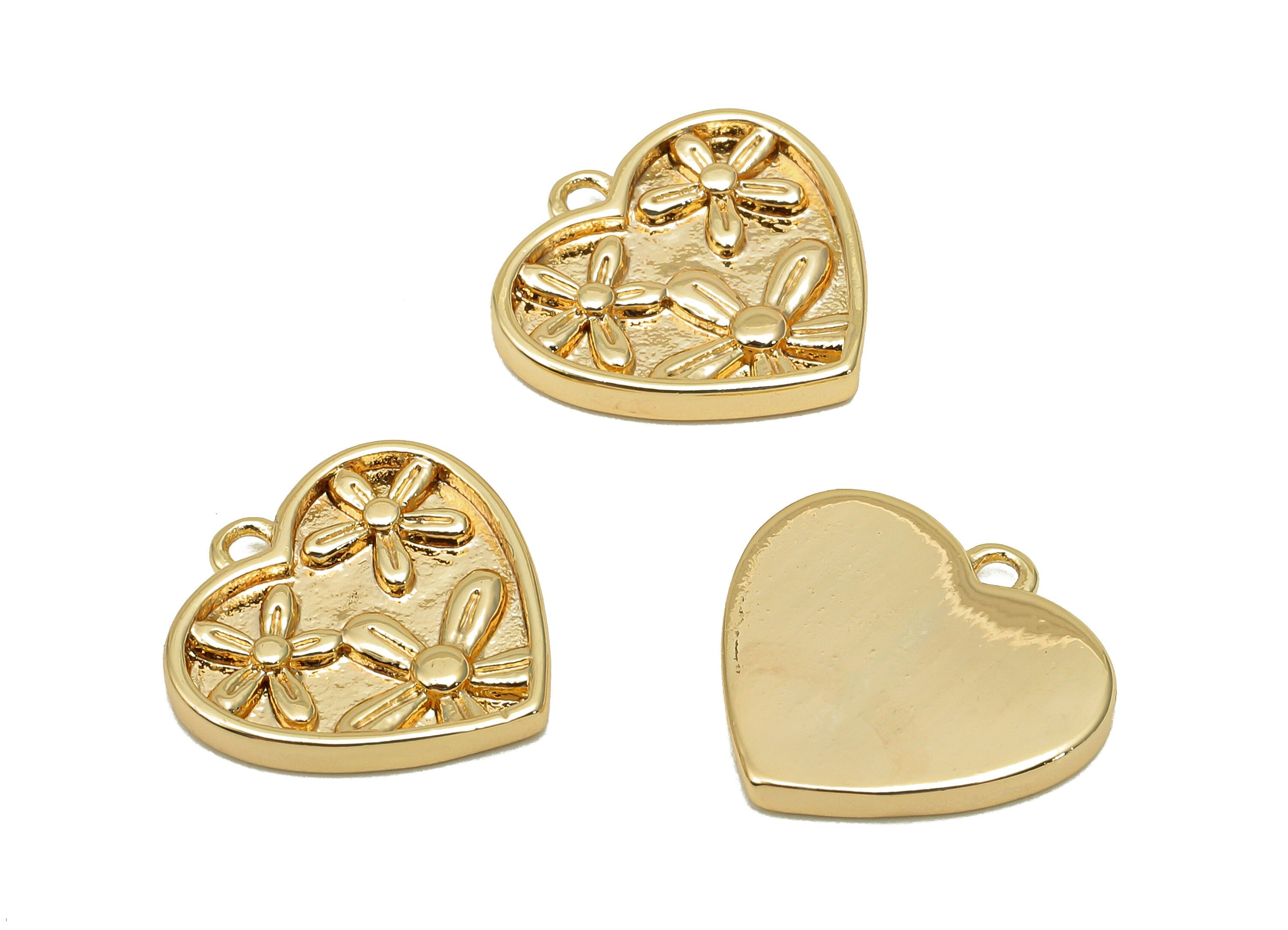 Brass Flower Heart Earring Charm - Gold Thick Heart Earring - Heart Pendant With Loop - 18K Real Gold Plating - 13.8x14.2x1.8mm -RGP5693 - DOMEDBAZAAR