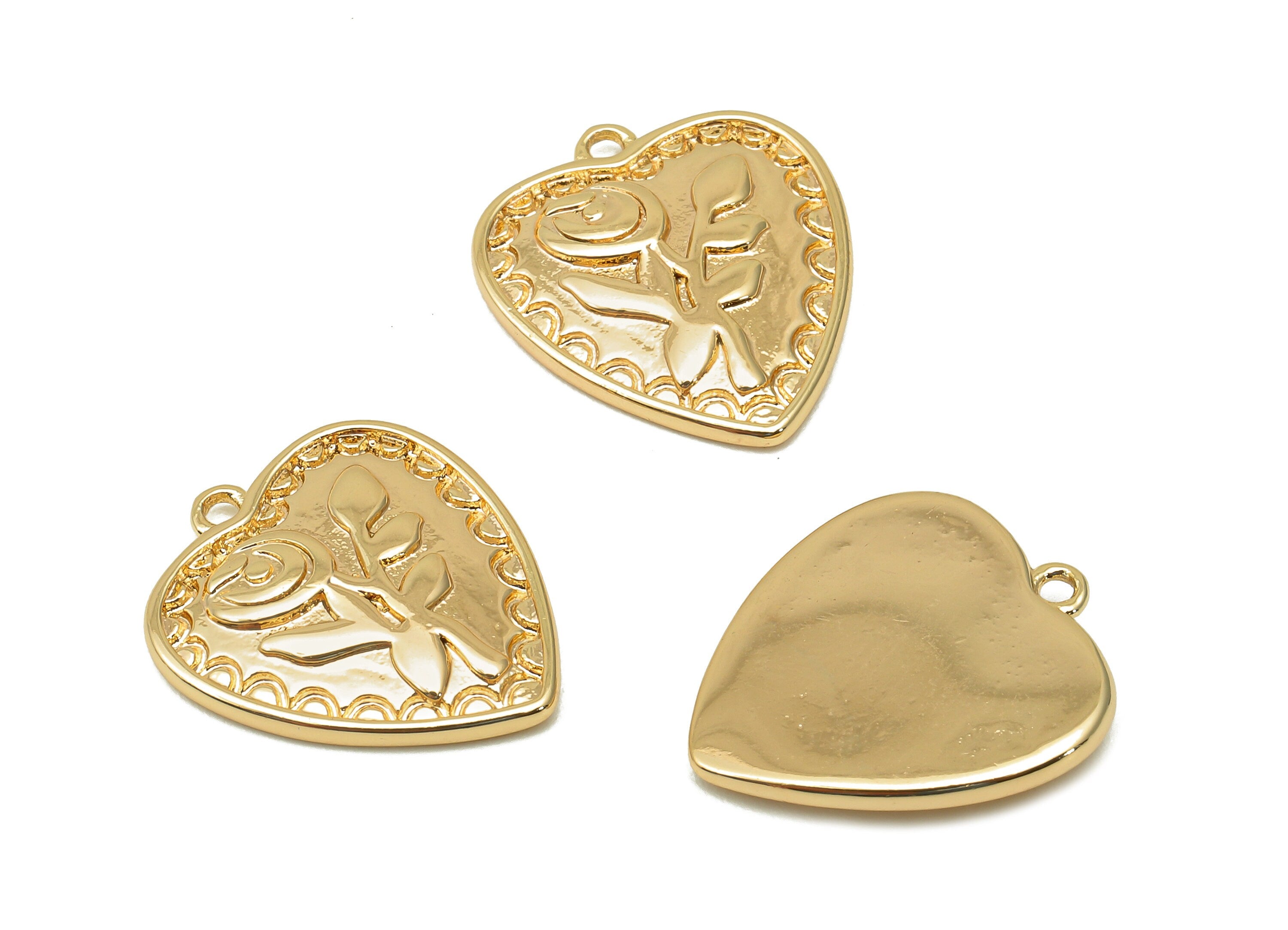 Brass Rose Heart Earring Charm - Gold Thick Flower Heart Earring - Heart Pendant With Loop - 18K Real Gold Plating - 18x15.5x2.7mm - RGP5694 - DOMEDBAZAAR
