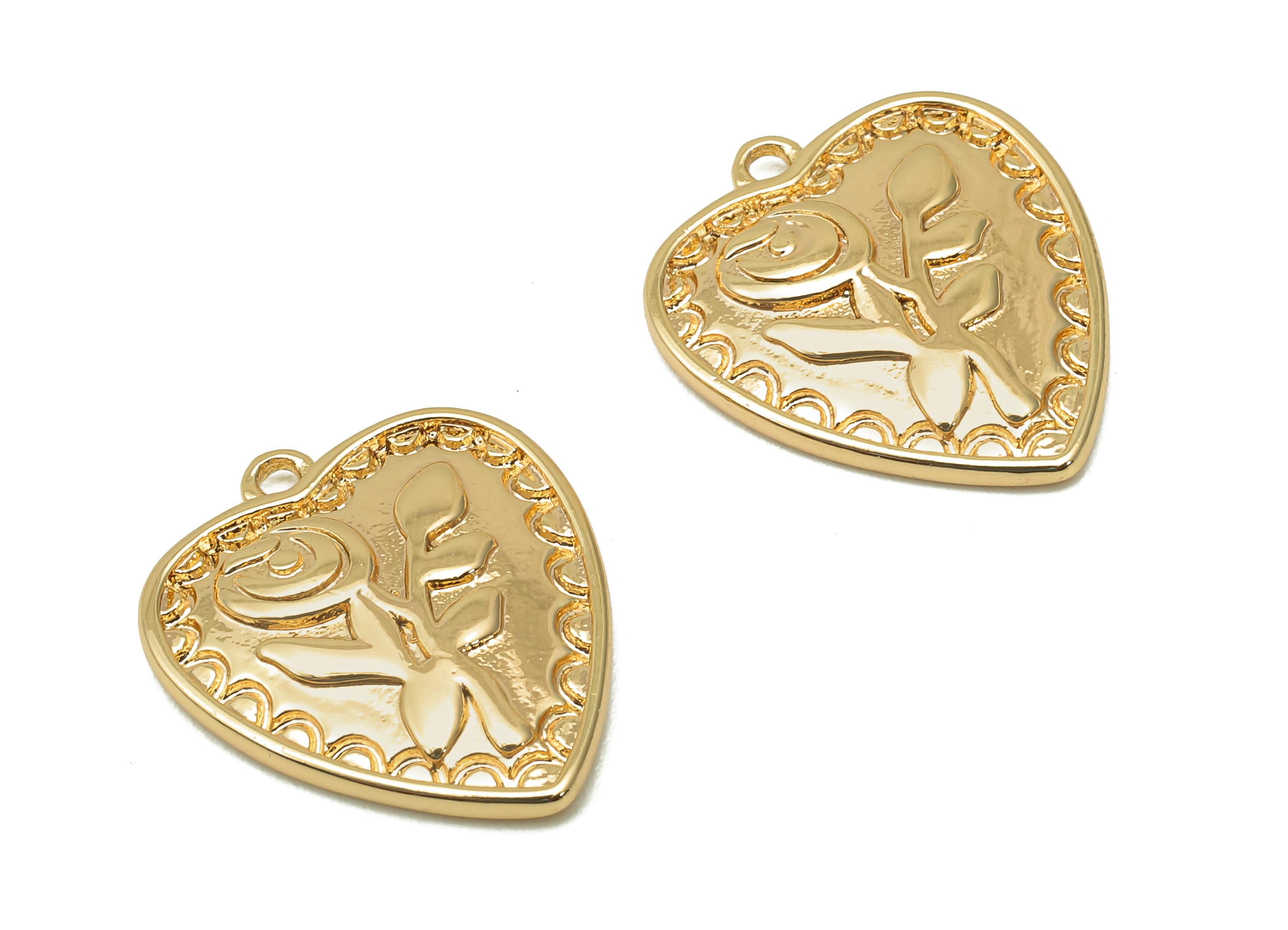 Brass Rose Heart Earring Charm - Gold Thick Flower Heart Earring - Heart Pendant With Loop - 18K Real Gold Plating - 18x15.5x2.7mm - RGP5694 - DOMEDBAZAAR
