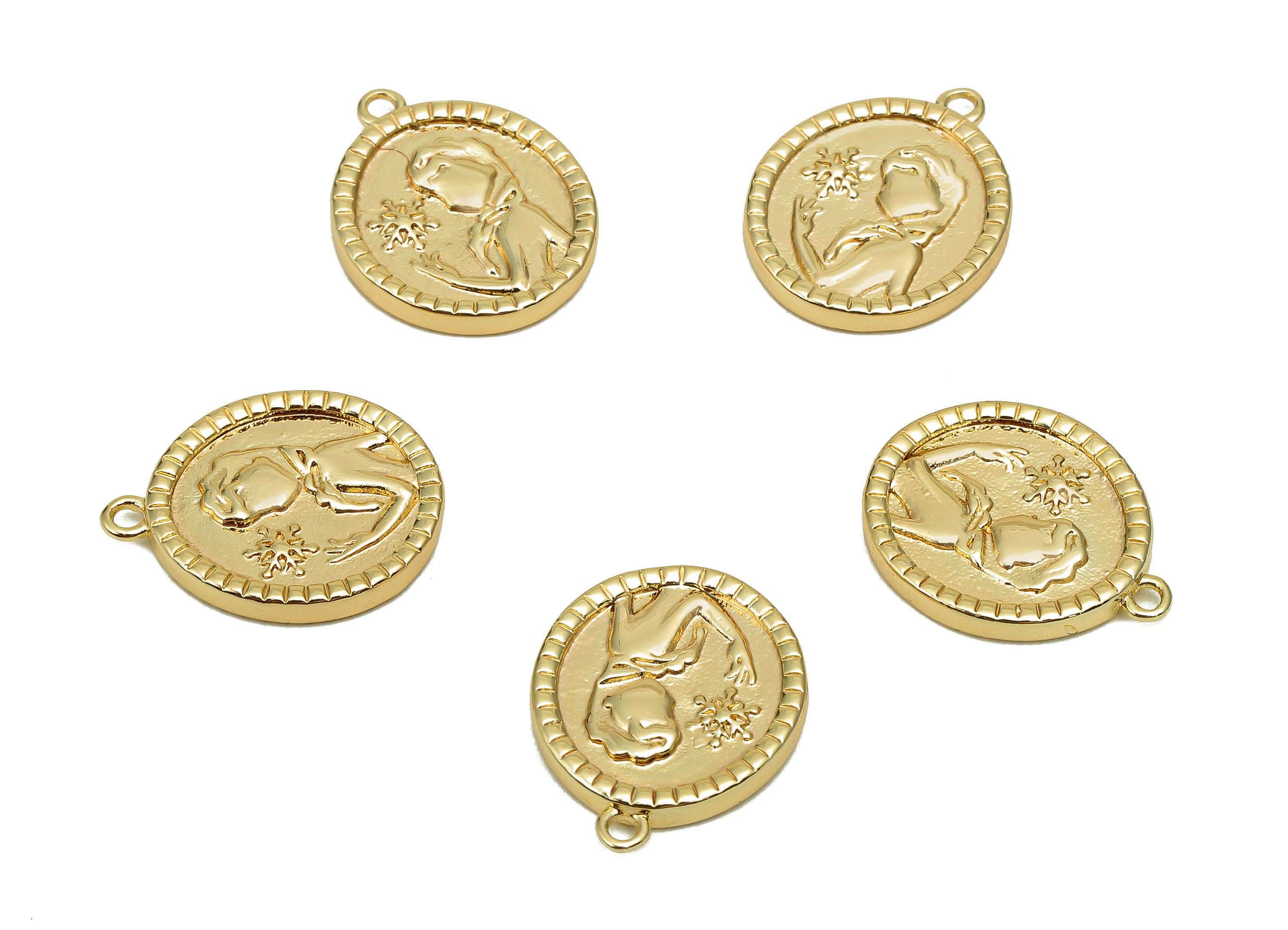 Brass Relief Portrait Oval Earring - Textured Girl Snowflake Charm - Pendant With Loop - 18K Real Gold Plating - 17.5x13.9x1.9mm - RGP5703 - DOMEDBAZAAR