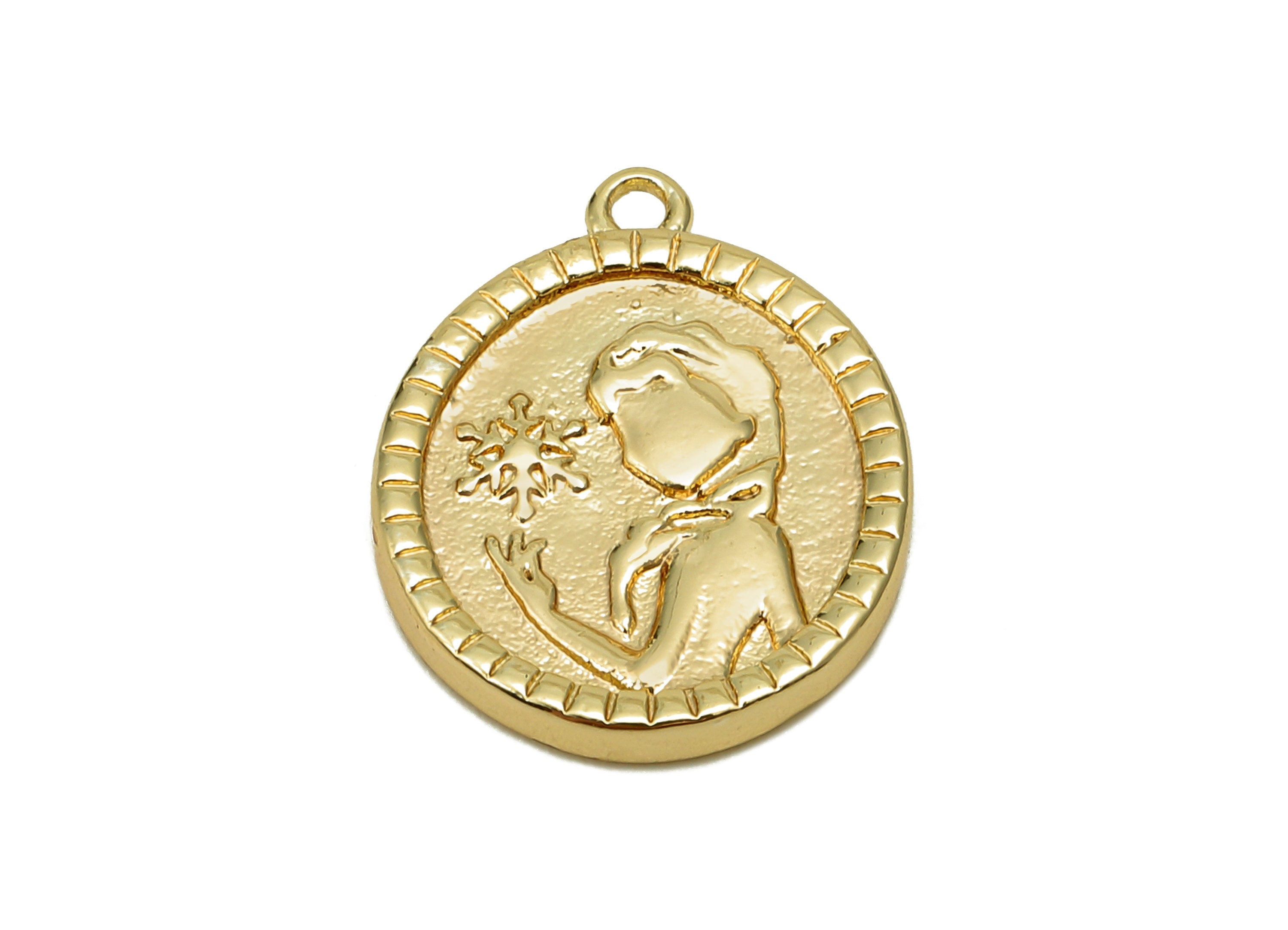 Brass Relief Portrait Oval Earring - Textured Girl Snowflake Charm - Pendant With Loop - 18K Real Gold Plating - 17.5x13.9x1.9mm - RGP5703 - DOMEDBAZAAR