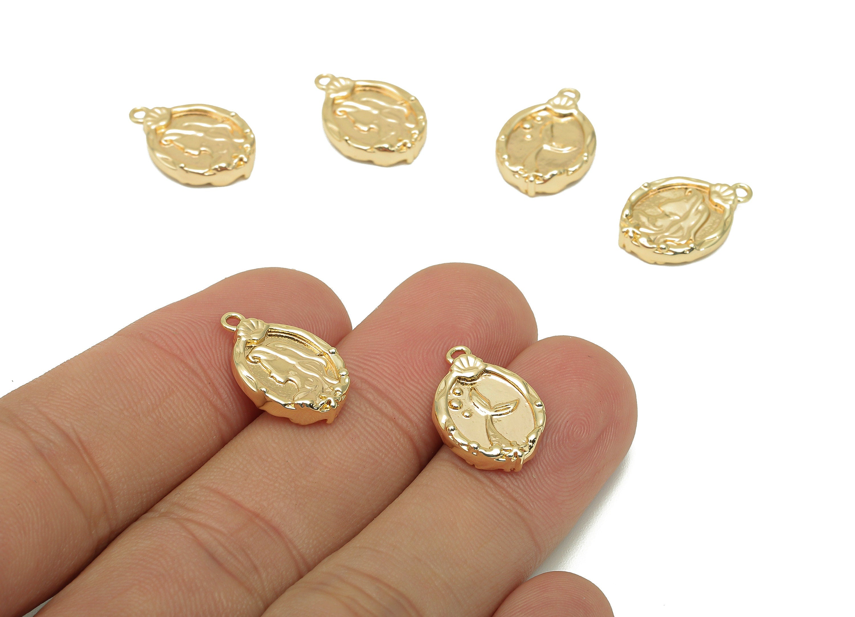 Brass Relief Portrait Oval Earring - Gold Girl Textured Fishtail Charm - Pendant With Loop - 18K Real Gold Plating - 17.3x11.9x3mm - RGP5704 - DOMEDBAZAAR