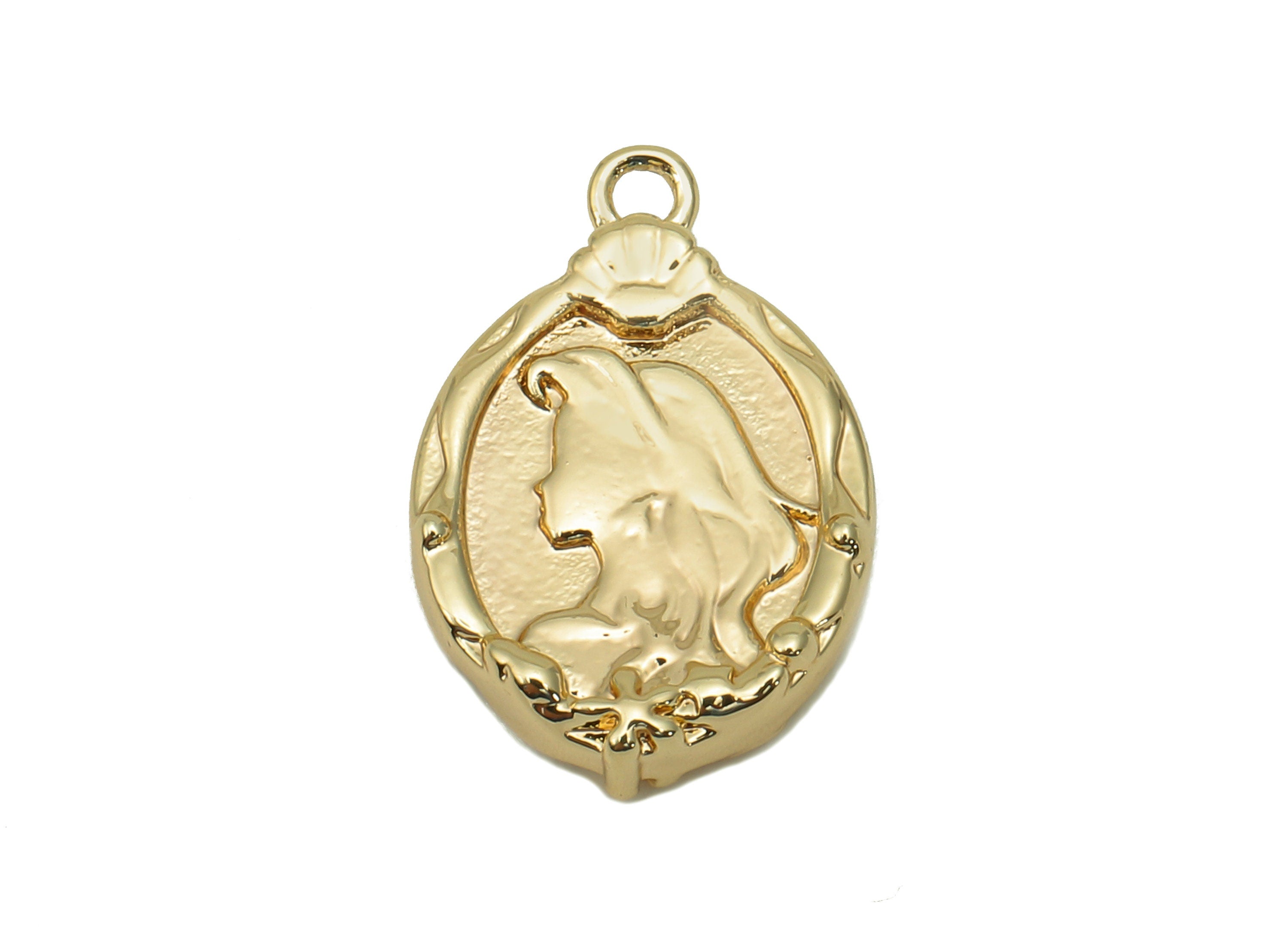 Brass Relief Portrait Oval Earring - Gold Girl Textured Fishtail Charm - Pendant With Loop - 18K Real Gold Plating - 17.3x11.9x3mm - RGP5704 - DOMEDBAZAAR