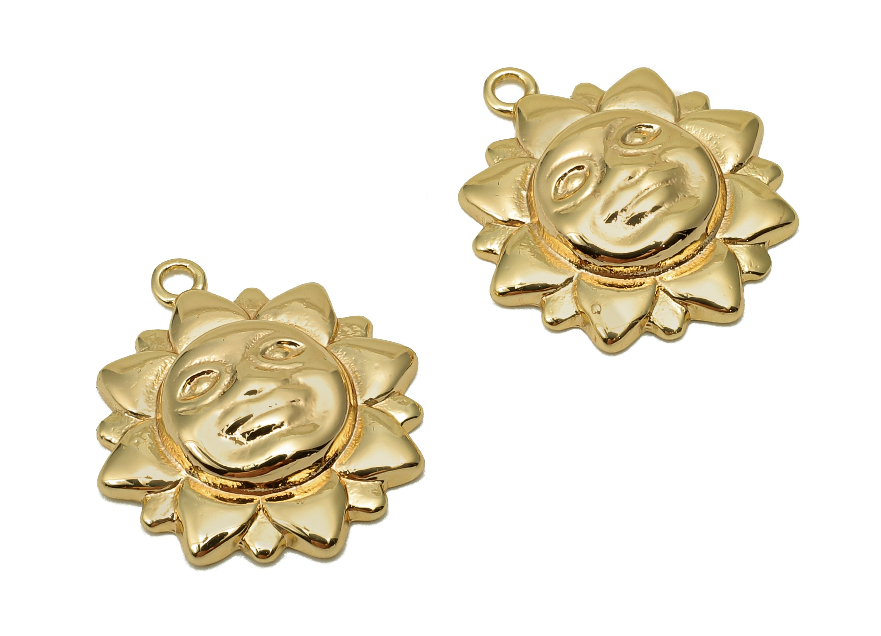 Brass Sun Face Earring Charm - Gold Moon Face Earring - Sun Pendant With Loop - 18K Real Gold Plating - 18.2x15.8x1.4mm - RGP5706 - DOMEDBAZAAR