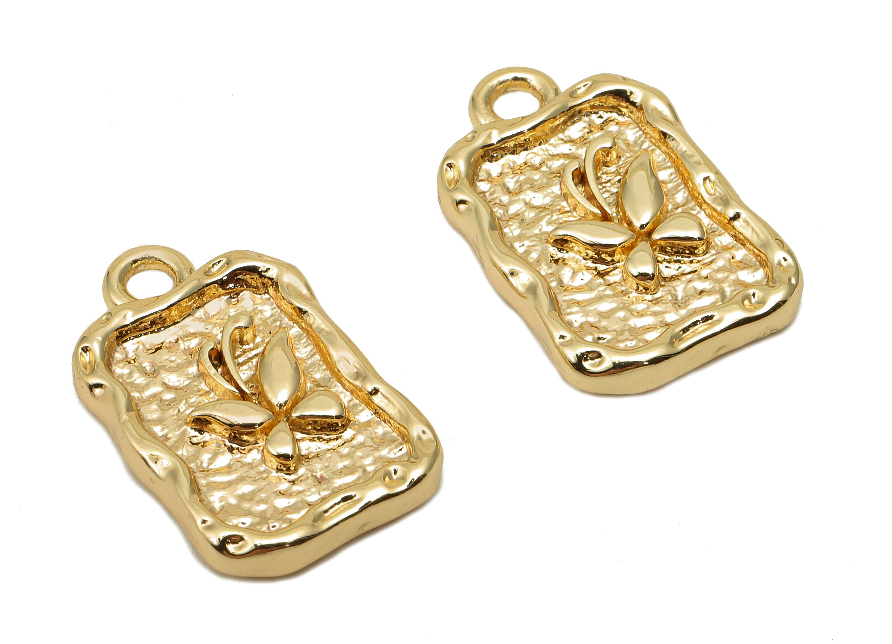 Brass Butterfly Rectangle Earring Charm - Textured Rectangle Earring - Pendant With Loop - 18K Real Gold Plating - 17.4x10.9x2.4mm - RGP5707 - DOMEDBAZAAR