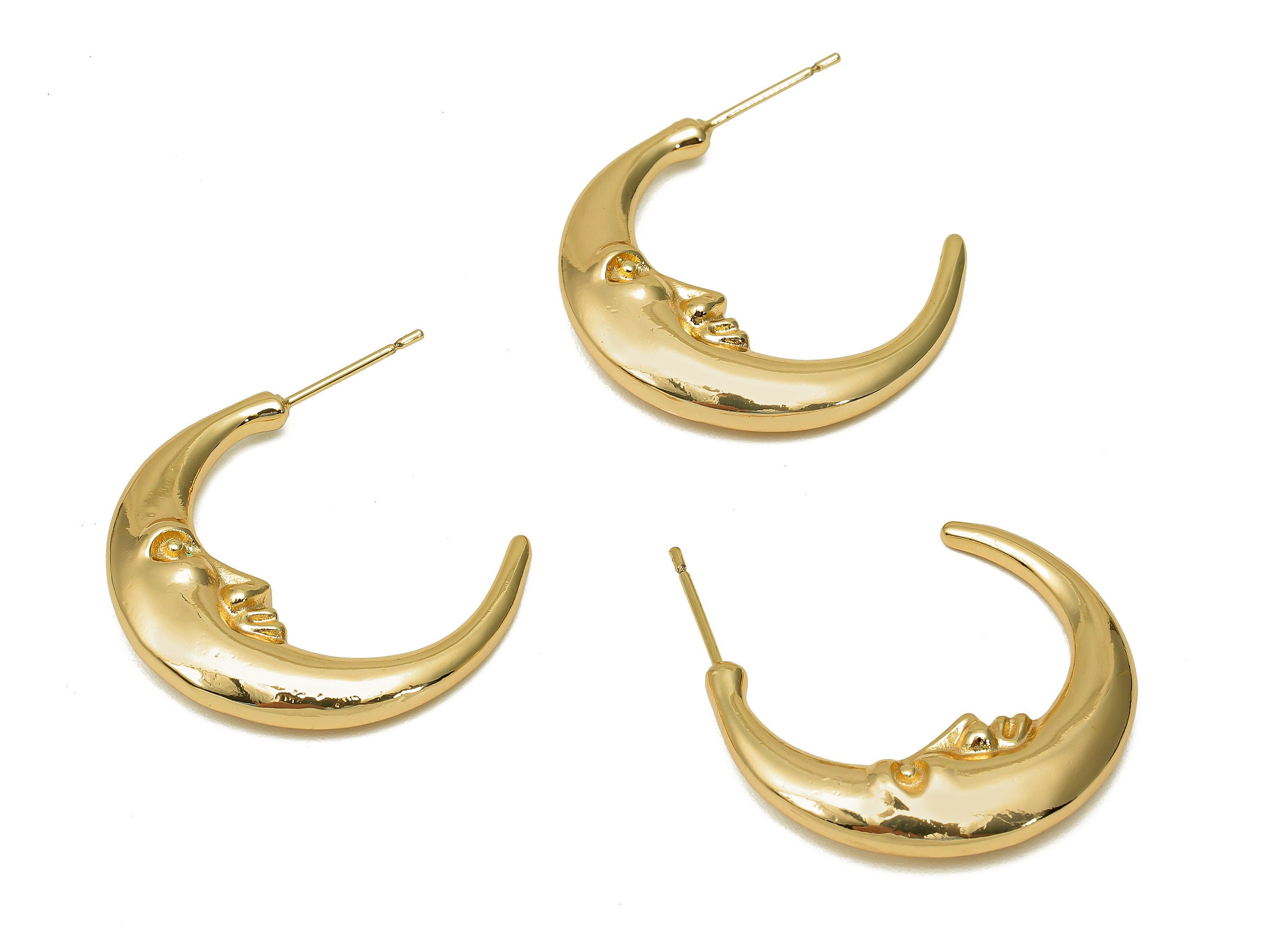 Brass Crescent Face Earring Post - Hoop Stud Earring With Loop - 316 Stainless Steel - 18K Real Gold Plating - 28.3x32.8x5.6mm - RGP5696 - DOMEDBAZAAR