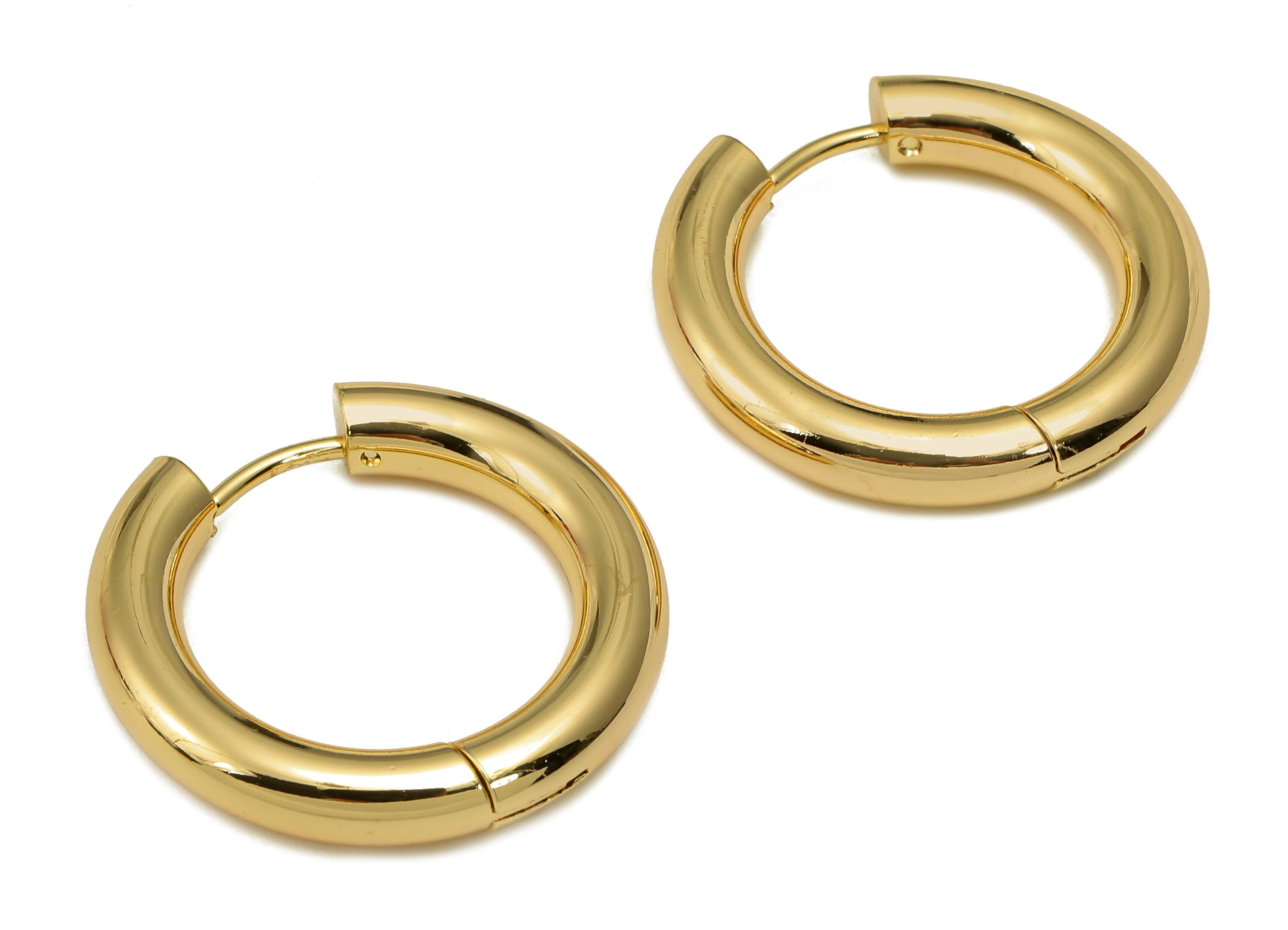 Brass Circle Earrings Clasps - Gold Thick Round Hoop Earrings - Huggie Hoop Clasp - 18K Real Gold Plated Brass - 24.2x23.4x3.97mm - RGP5584 - DOMEDBAZAAR