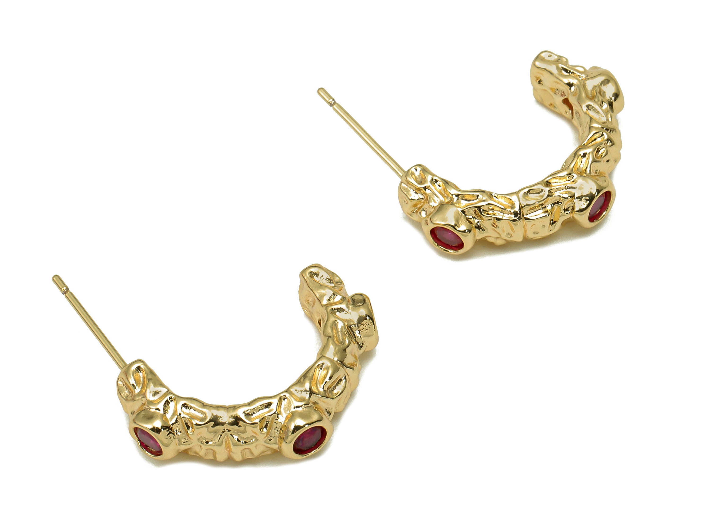 Brass Open Hoop Stud Earring - Textured Earring Post With Red Zircon - 316 Stainless Steel Stud - 18K Real Gold Plating - 21x14x4mm -RGP5595 - DOMEDBAZAAR