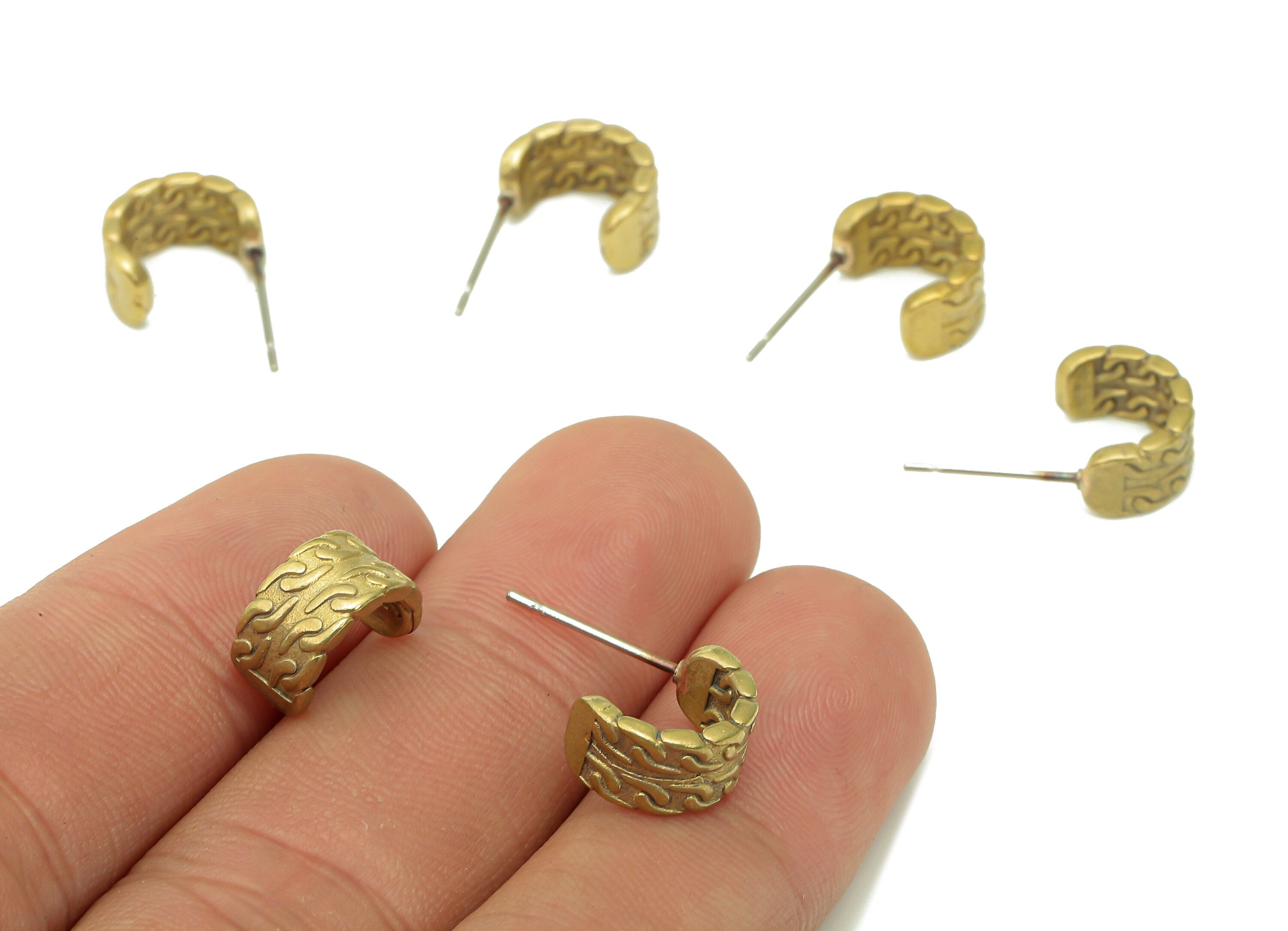 Brass Semicircle C Stud Earring - Raw Brass Leaf Textured Earring Post - Wide Earring Stud - 316 Stainless Steel - 11.32x8.53x1.7mm - PP8102 - DOMEDBAZAAR