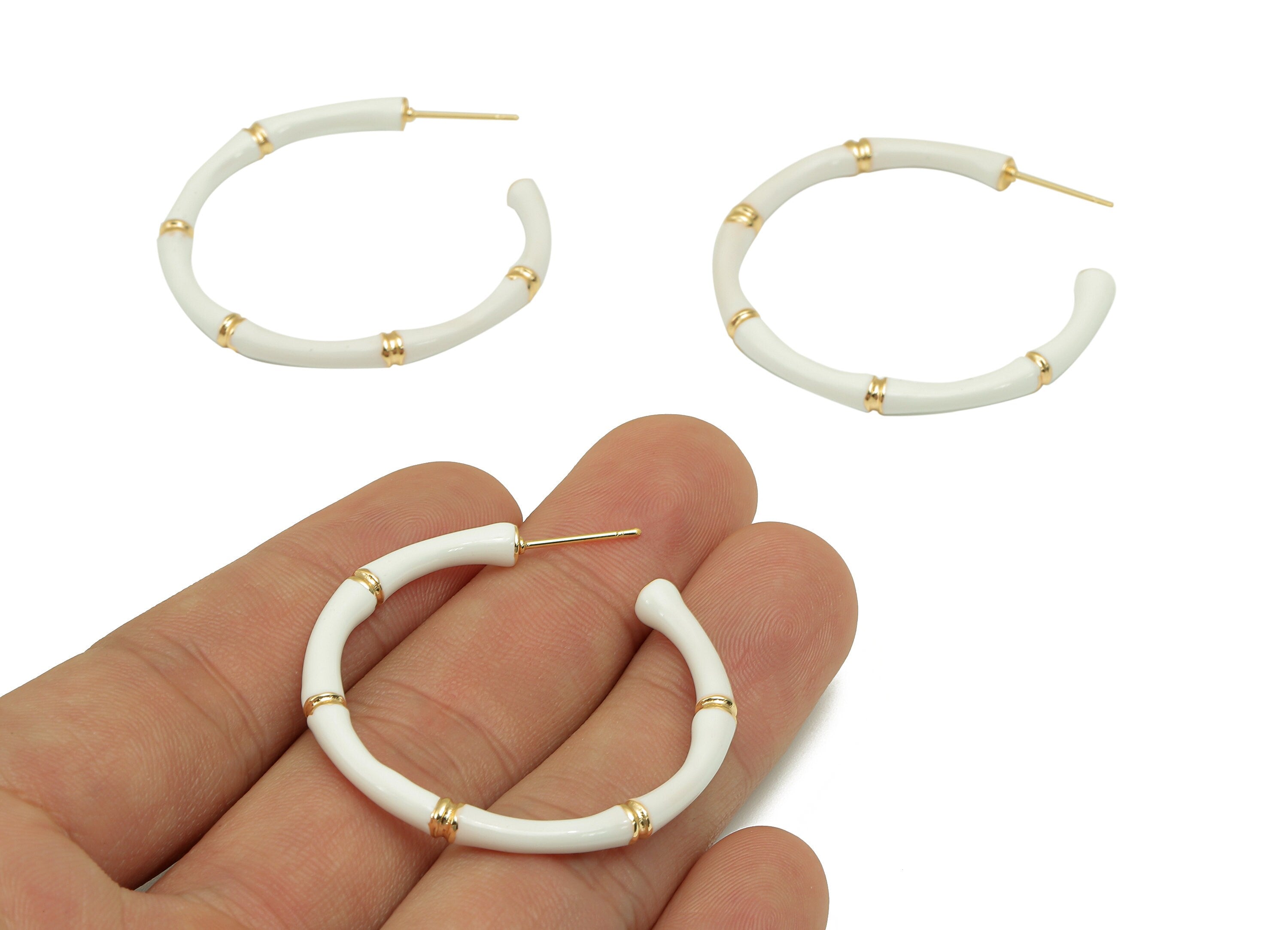 Brass Thick Hoop Stud Earrings - Di You White Bamboo Earring Post - 316 Stainless Steel - 18K Real Gold Plating - 41.4x44.1x3.8mm - RGP5758 - DOMEDBAZAAR