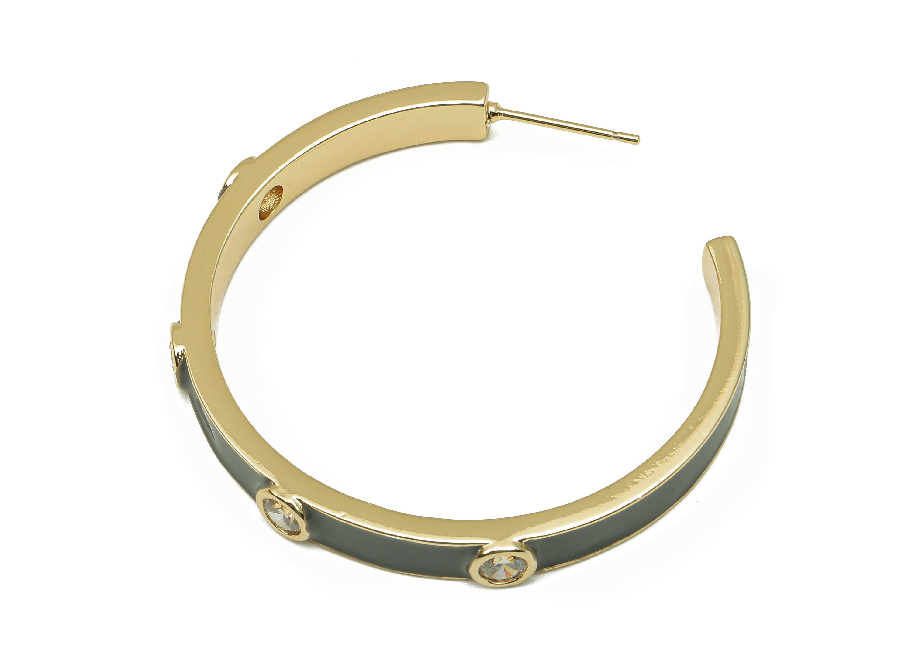 Brass Thick Hoop Stud Earrings - Di You Gray Zircon Earring Post - 316 Stainless Steel - 18K Real Gold Plating - 43.1x43.9x2.4mm - RGP5759 - DOMEDBAZAAR