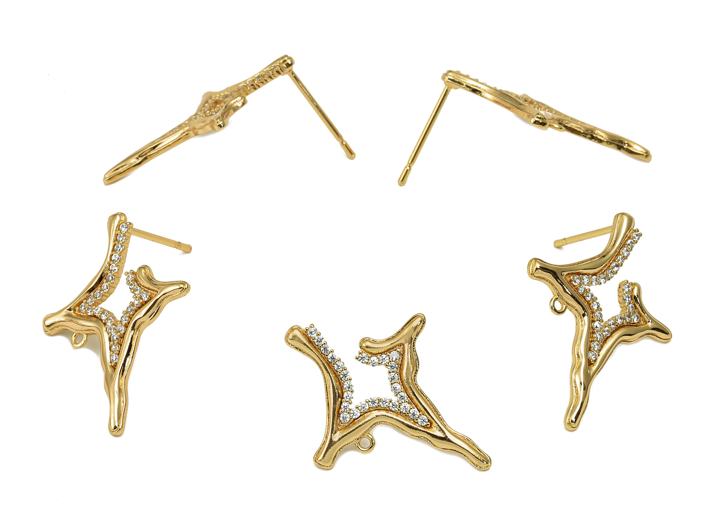 Brass Zircon Planet Earring Post - North Star Stud Earring With Loop - Stainless Steel Stud - 18K Real Gold Plating - 25x19x1.5mm - RGP5606 - DOMEDBAZAAR