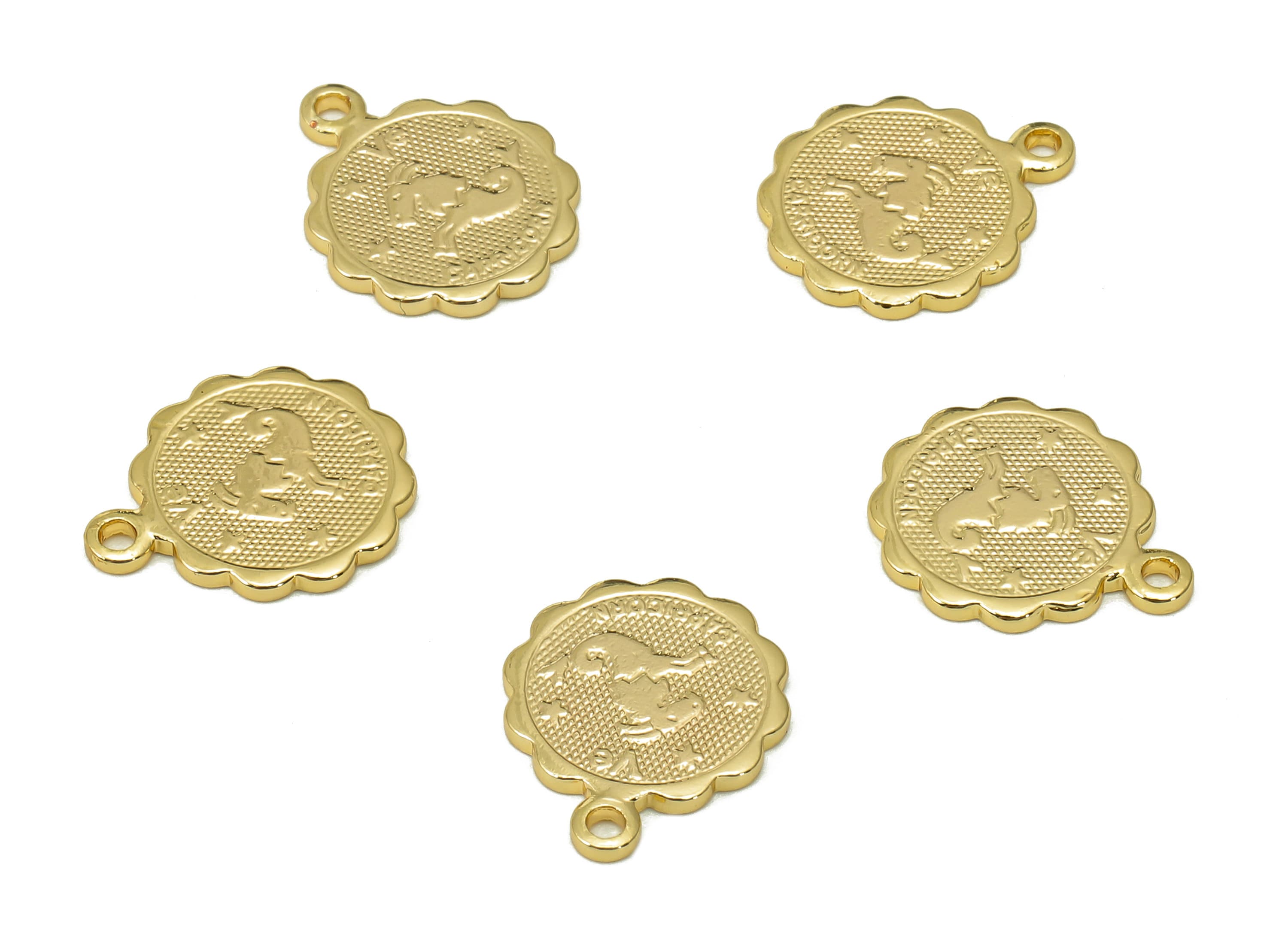 Brass Capricorn Round Earring Charm - Horoscopes Necklace With Loop - Zodiac Coin Pendant - 18K Real Gold Plating - 14.1x11.4x1mm - RGP5504A - DOMEDBAZAAR