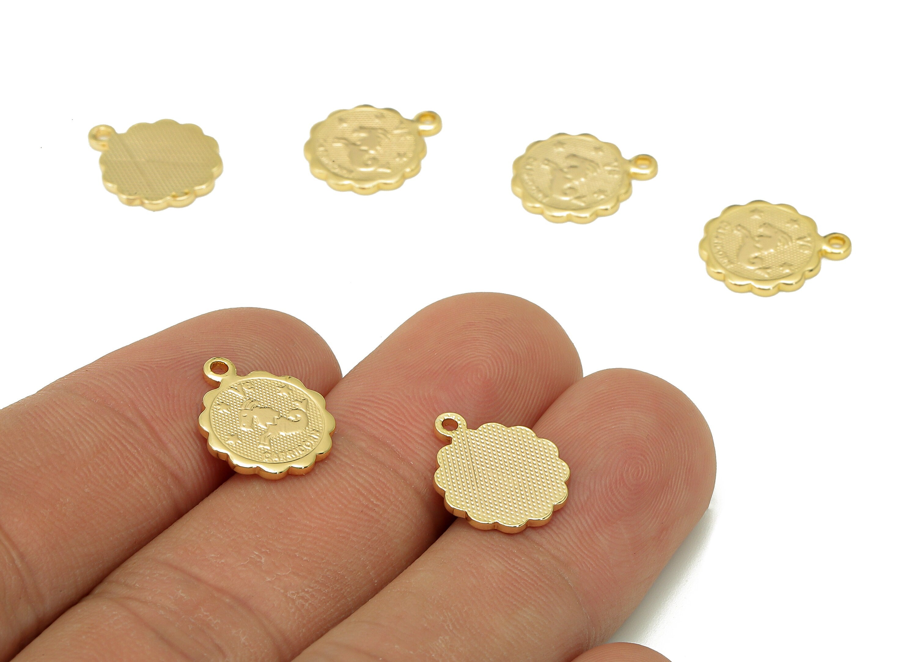 Brass Capricorn Round Earring Charm - Horoscopes Necklace With Loop - Zodiac Coin Pendant - 18K Real Gold Plating - 14.1x11.4x1mm - RGP5504A - DOMEDBAZAAR