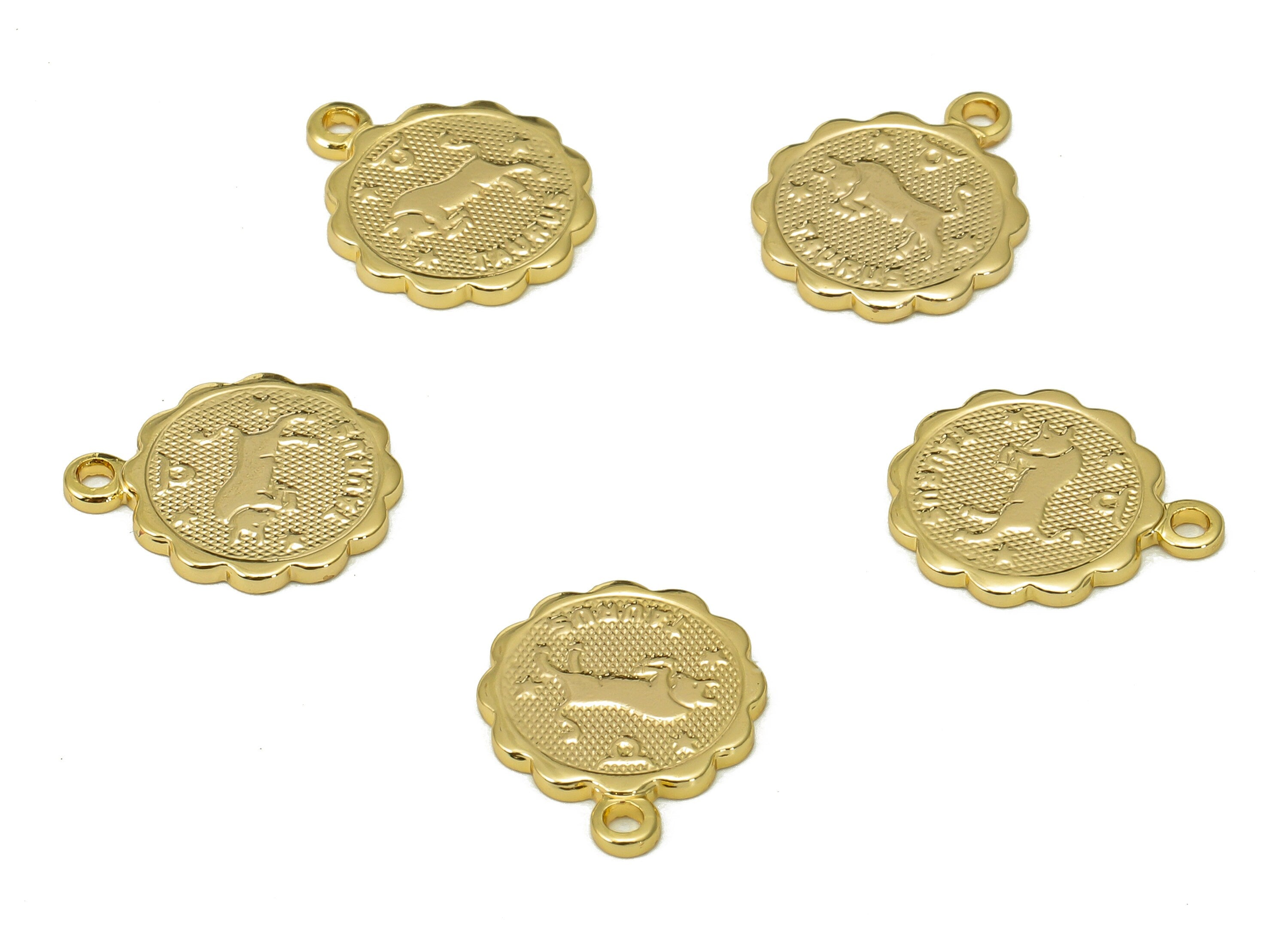 Brass Taurus Round Earring Charm - Horoscopes Necklace With Loop - Zodiac Coin Pendant - 18K Real Gold Plating - 14.1x11.4x1mm - RGP5504B - DOMEDBAZAAR