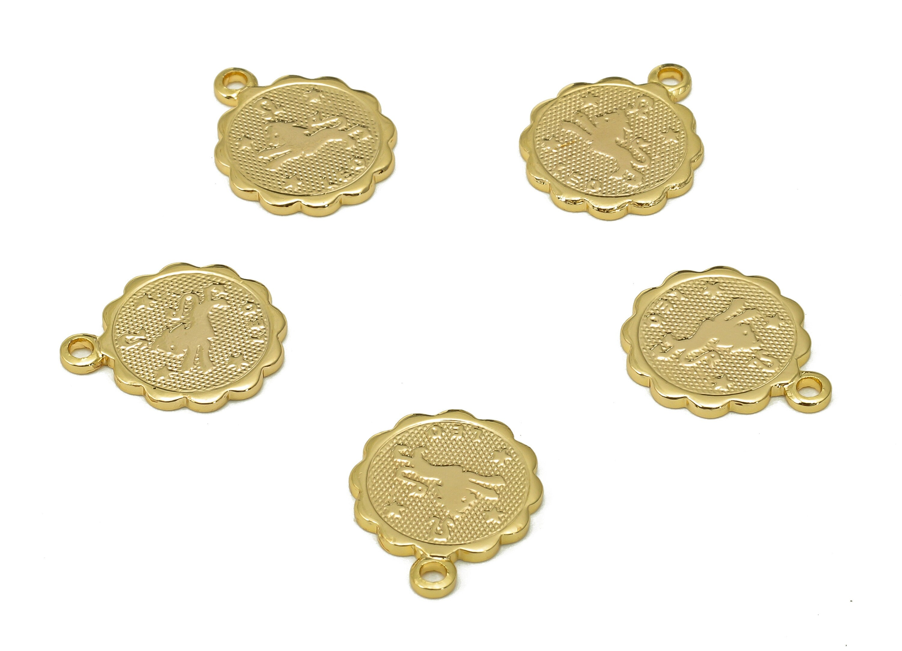 Brass Leo Round Earring Charm - Horoscopes Necklace With Loop - Zodiac Coin Pendant - 18K Real Gold Plating - 14.1x11.4x1mm - RGP5504C - DOMEDBAZAAR