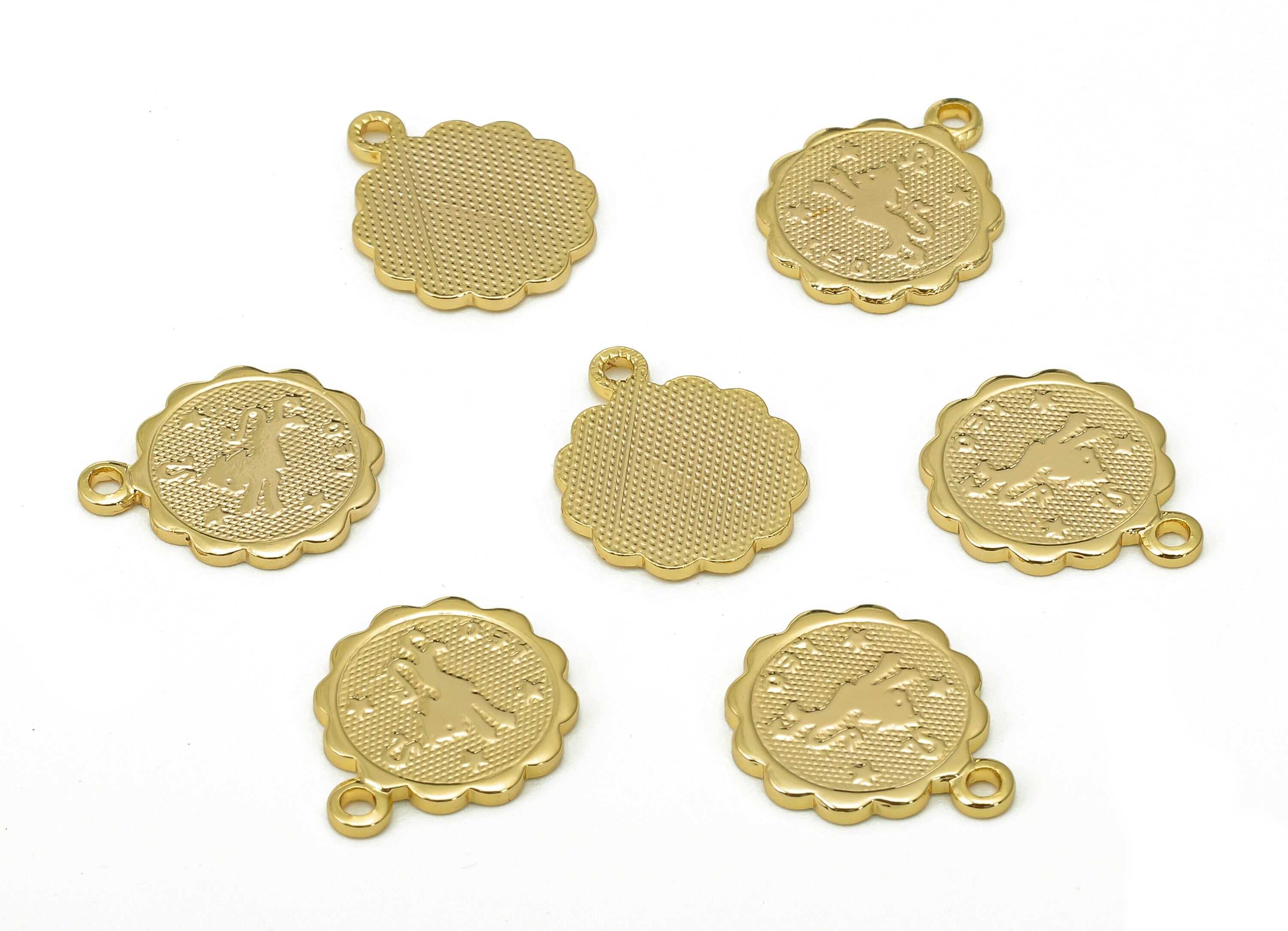 Brass Leo Round Earring Charm - Horoscopes Necklace With Loop - Zodiac Coin Pendant - 18K Real Gold Plating - 14.1x11.4x1mm - RGP5504C - DOMEDBAZAAR
