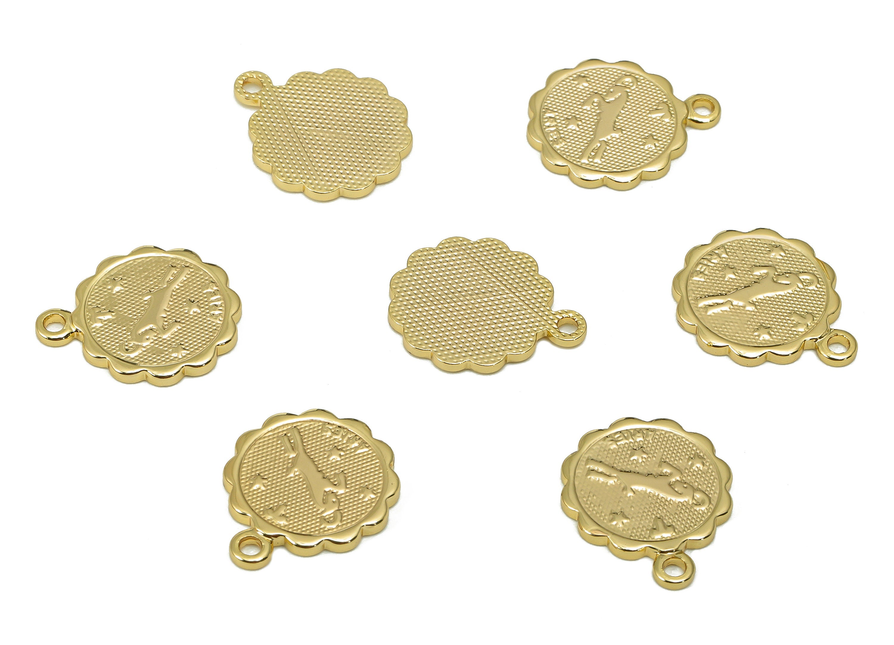 Brass Aries Round Earring Charm - Horoscopes Necklace With Loop - Zodiac Coin Pendant - 18K Real Gold Plating - 14.1x11.4x1mm - RGP5504D - DOMEDBAZAAR