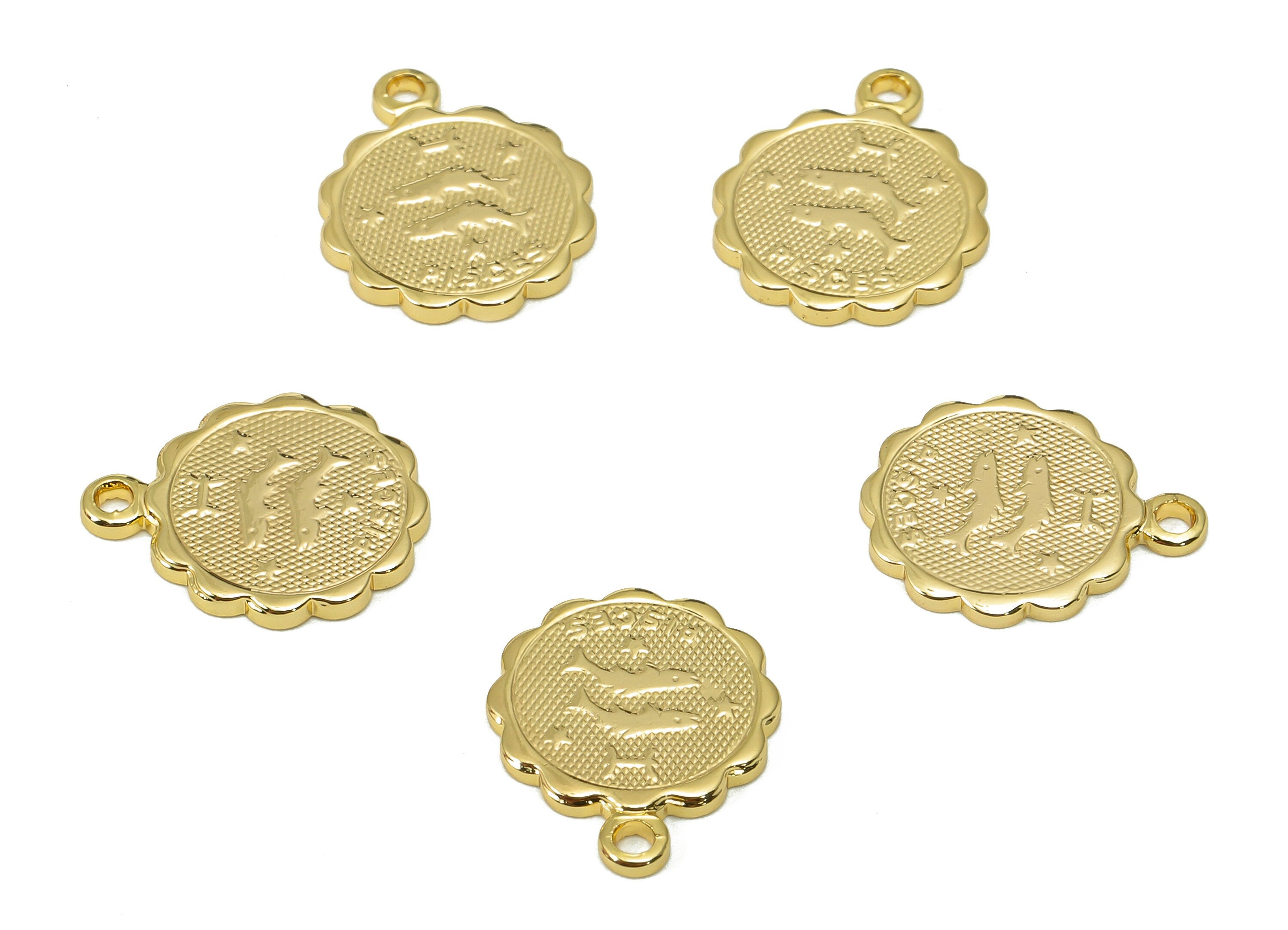 Brass Pisces Round Earring Charm - Horoscopes Necklace With Loop - Zodiac Coin Pendant - 18K Real Gold Plating - 14.1x11.4x1mm - RGP5504E - DOMEDBAZAAR