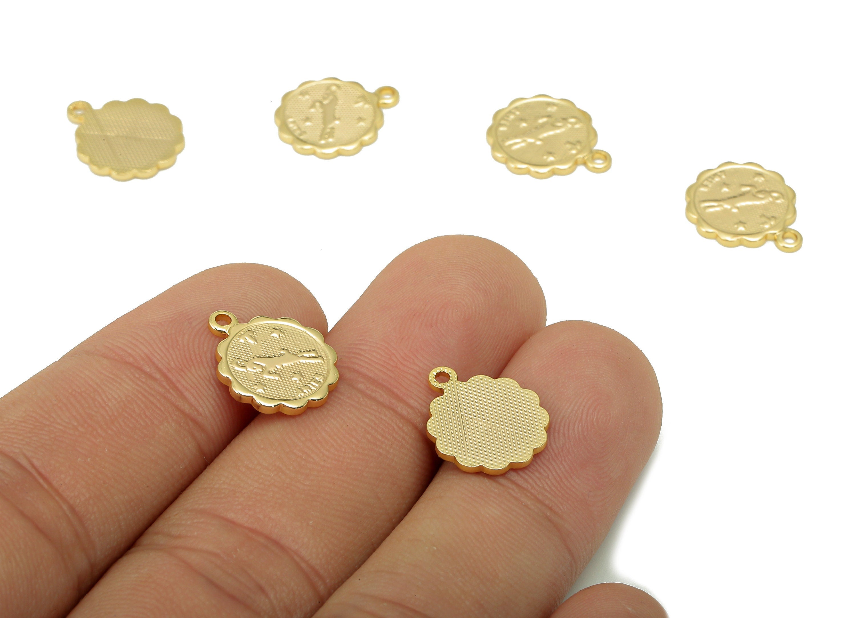 Brass Aries Round Earring Charm - Horoscopes Necklace With Loop - Zodiac Coin Pendant - 18K Real Gold Plating - 14.1x11.4x1mm - RGP5504D - DOMEDBAZAAR