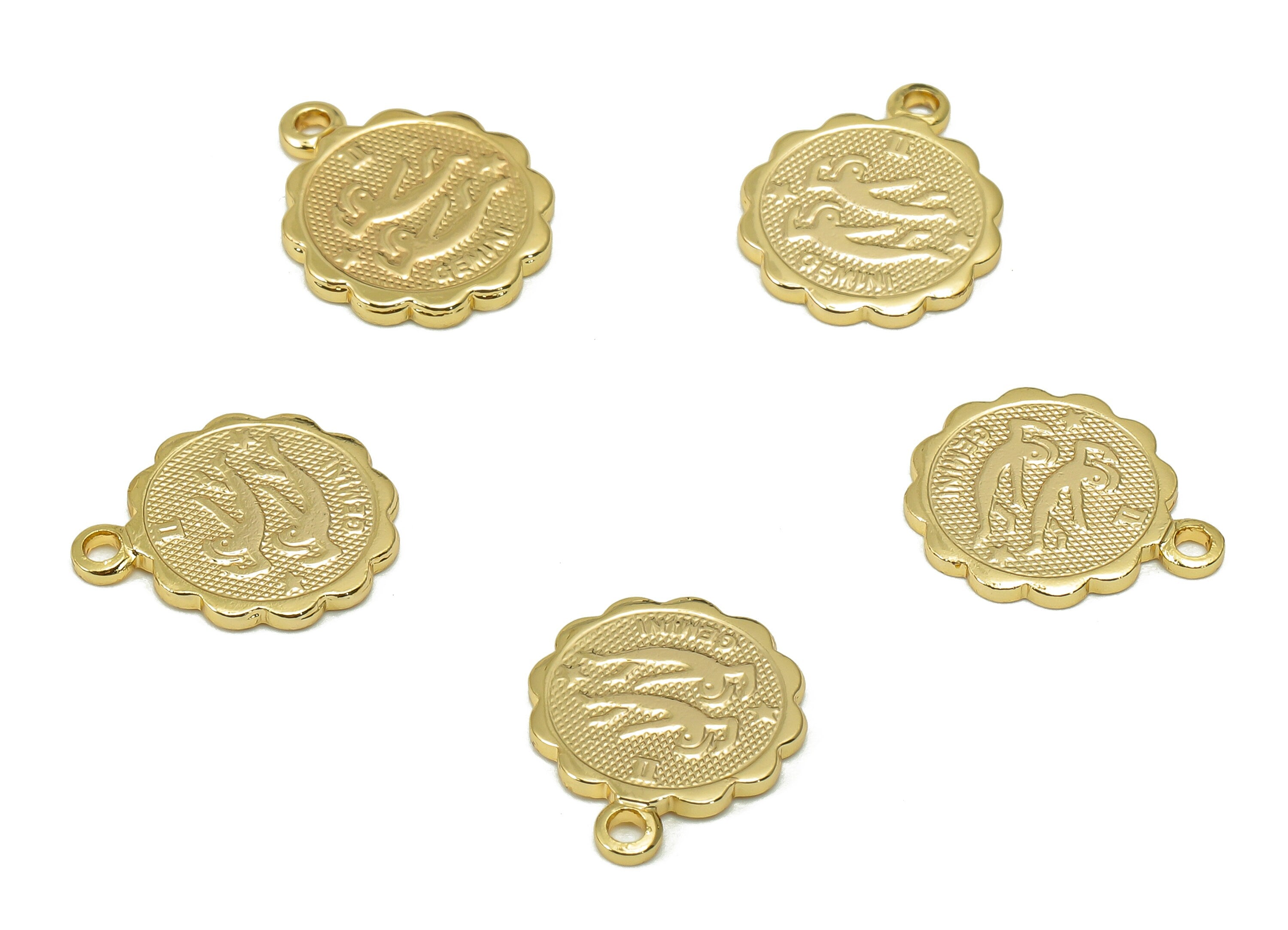 Brass Gemini Round Earring Charm - Horoscopes Necklace With Loop - Zodiac Coin Pendant - 18K Real Gold Plating - 14.1x11.4x1mm - RGP5504F - DOMEDBAZAAR