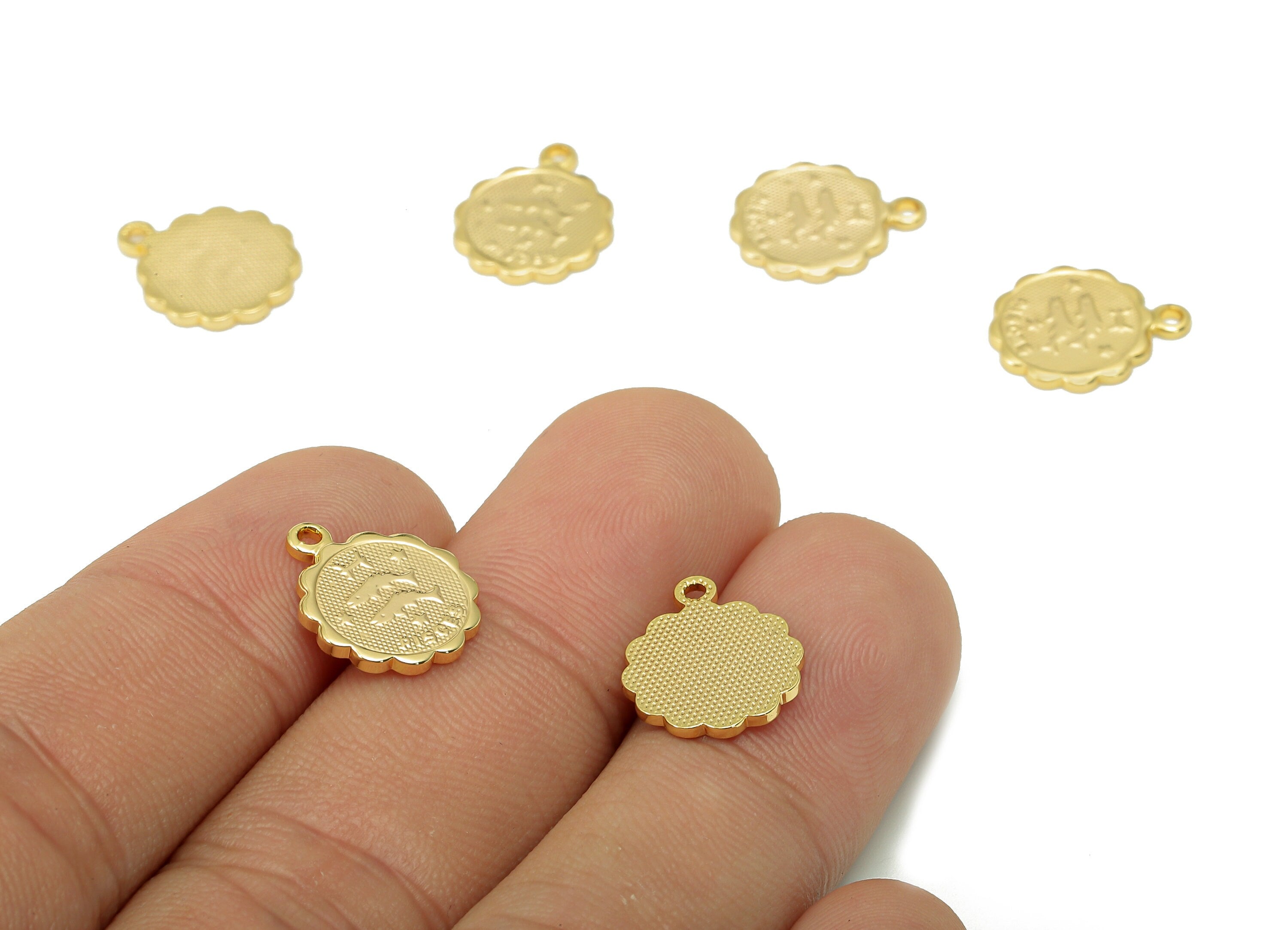 Brass Pisces Round Earring Charm - Horoscopes Necklace With Loop - Zodiac Coin Pendant - 18K Real Gold Plating - 14.1x11.4x1mm - RGP5504E - DOMEDBAZAAR