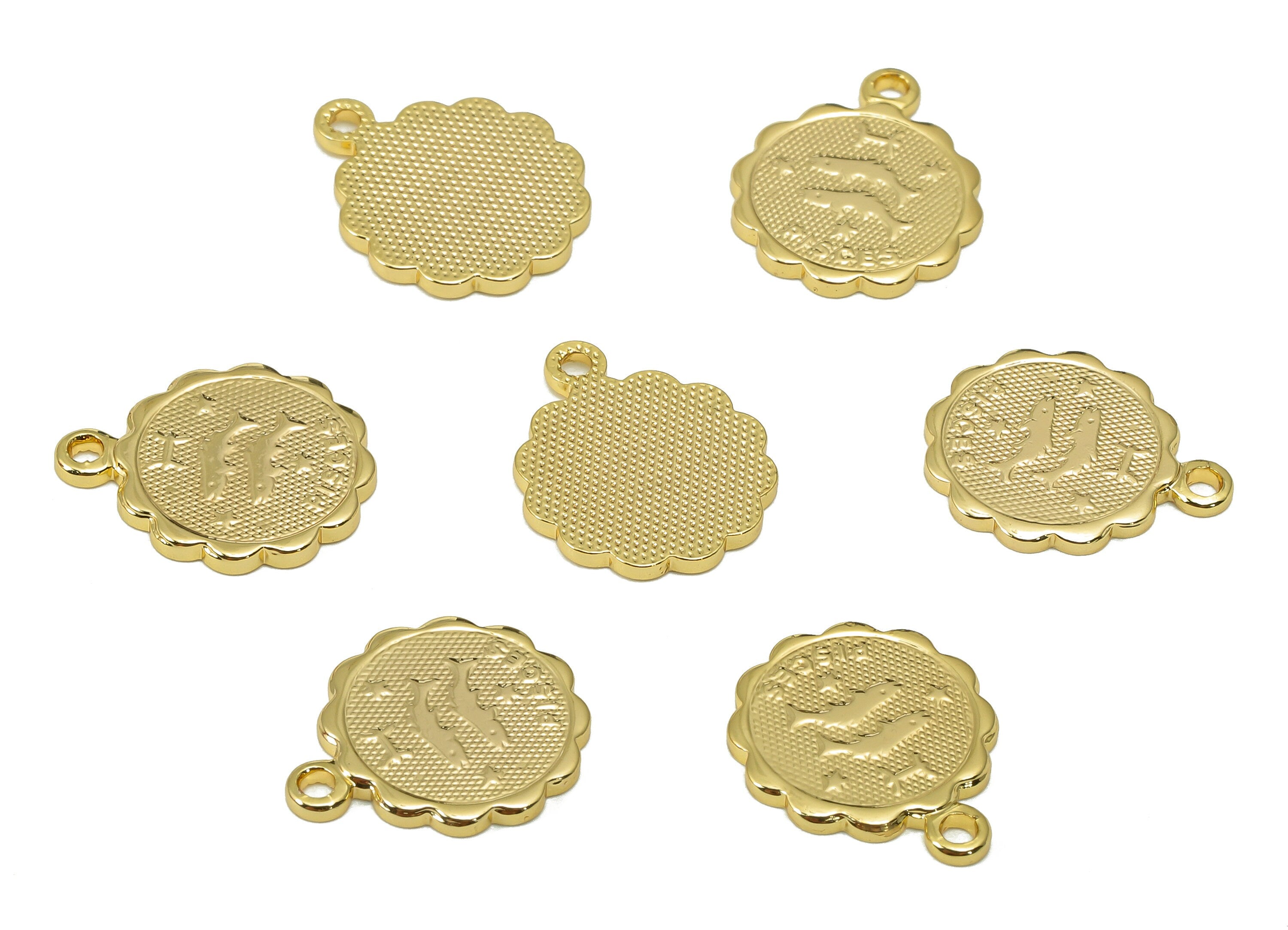 Brass Pisces Round Earring Charm - Horoscopes Necklace With Loop - Zodiac Coin Pendant - 18K Real Gold Plating - 14.1x11.4x1mm - RGP5504E - DOMEDBAZAAR