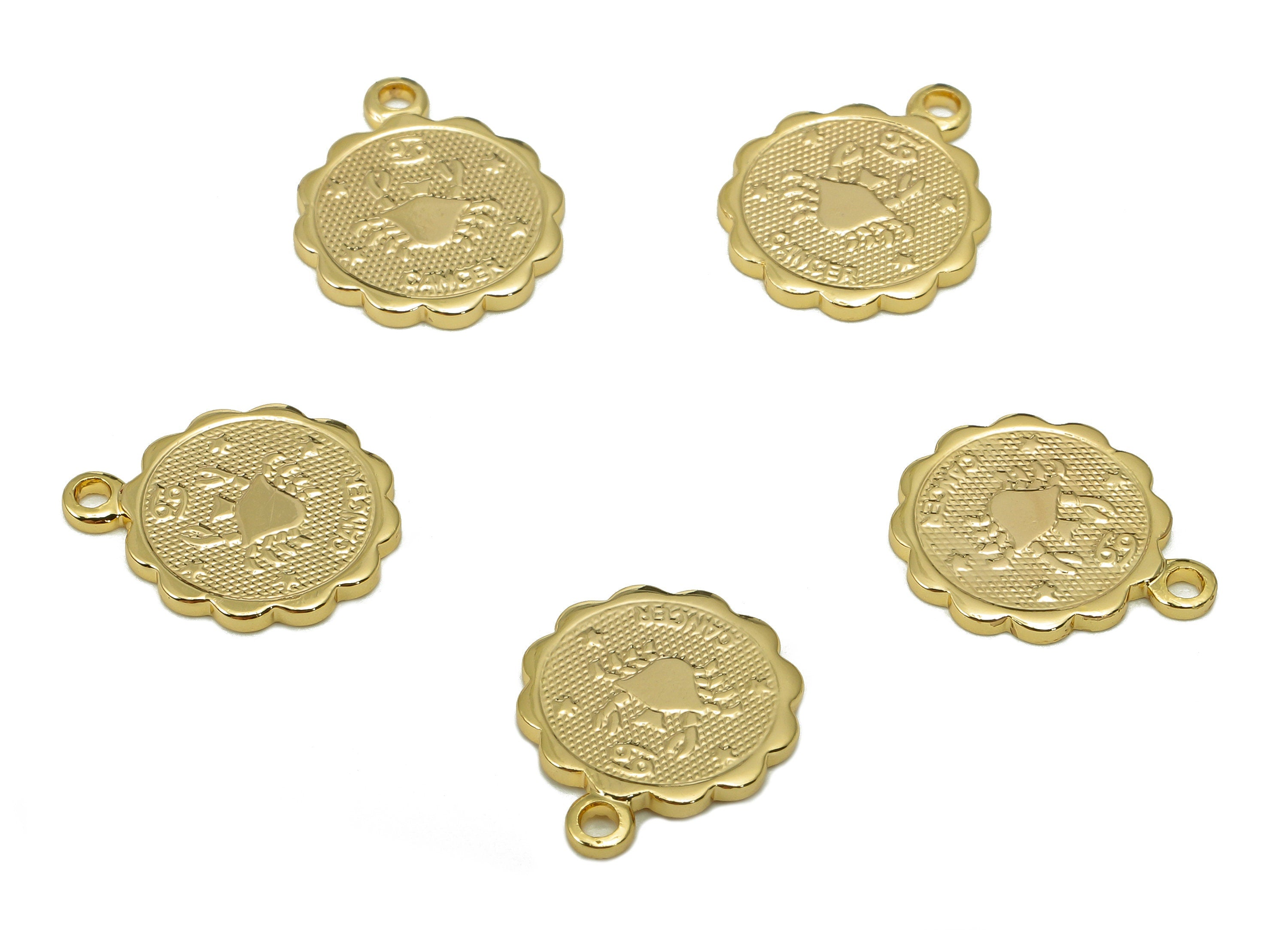 Brass Cancer Round Earring Charm - Horoscopes Necklace With Loop - Zodiac Coin Pendant - 18K Real Gold Plating - 14.1x11.4x1mm - RGP5504J - DOMEDBAZAAR