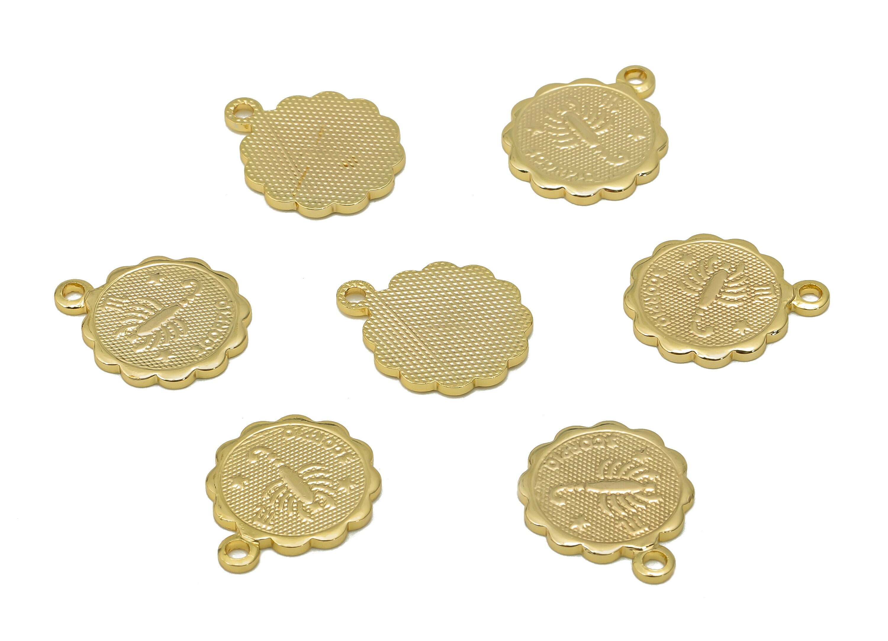 Brass Scorpio Round Earring Charm - Horoscopes Necklace With Loop - Zodiac Coin Pendant - 18K Real Gold Plating - 14.1x11.4x1mm - RGP5504H - DOMEDBAZAAR