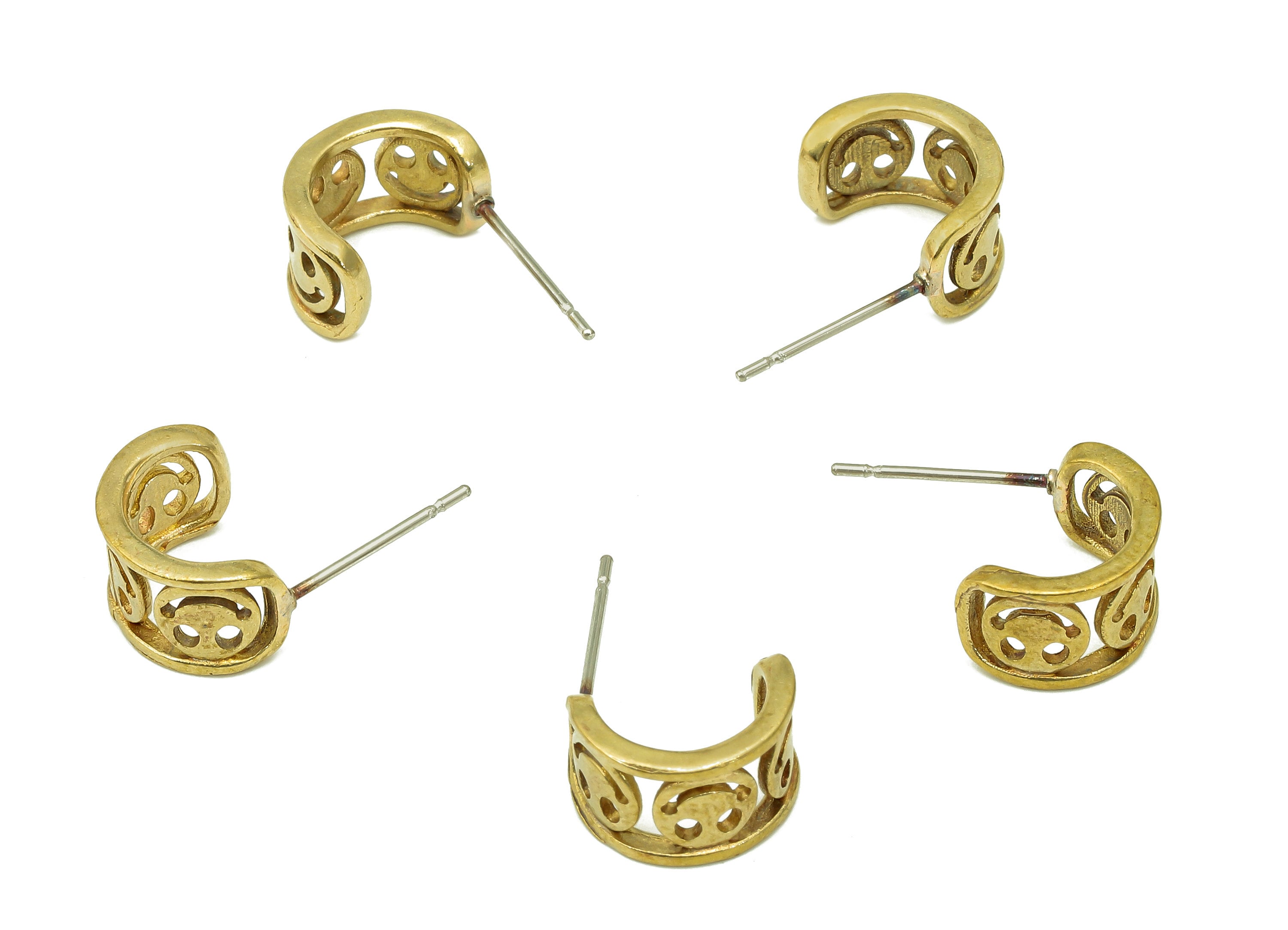 Brass Smile Huggie C Earrings Stud - Raw Brass Happy Face Earring Post - Wide Stud Earring - 316 Stainless Steel - 11.53x8.14x1.6mm - PP8122 - DOMEDBAZAAR