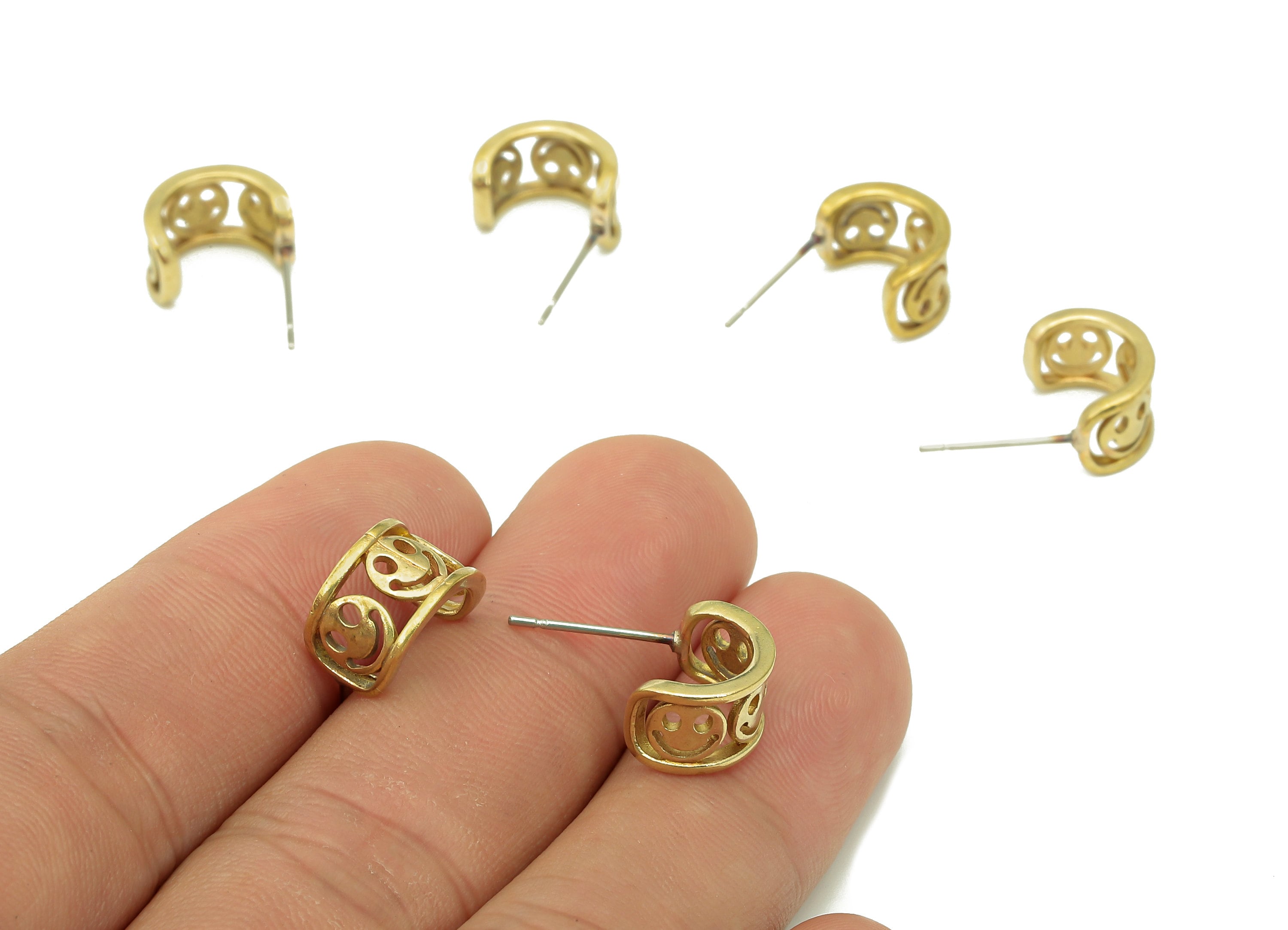 Brass Smile Huggie C Earrings Stud - Raw Brass Happy Face Earring Post - Wide Stud Earring - 316 Stainless Steel - 11.53x8.14x1.6mm - PP8122 - DOMEDBAZAAR