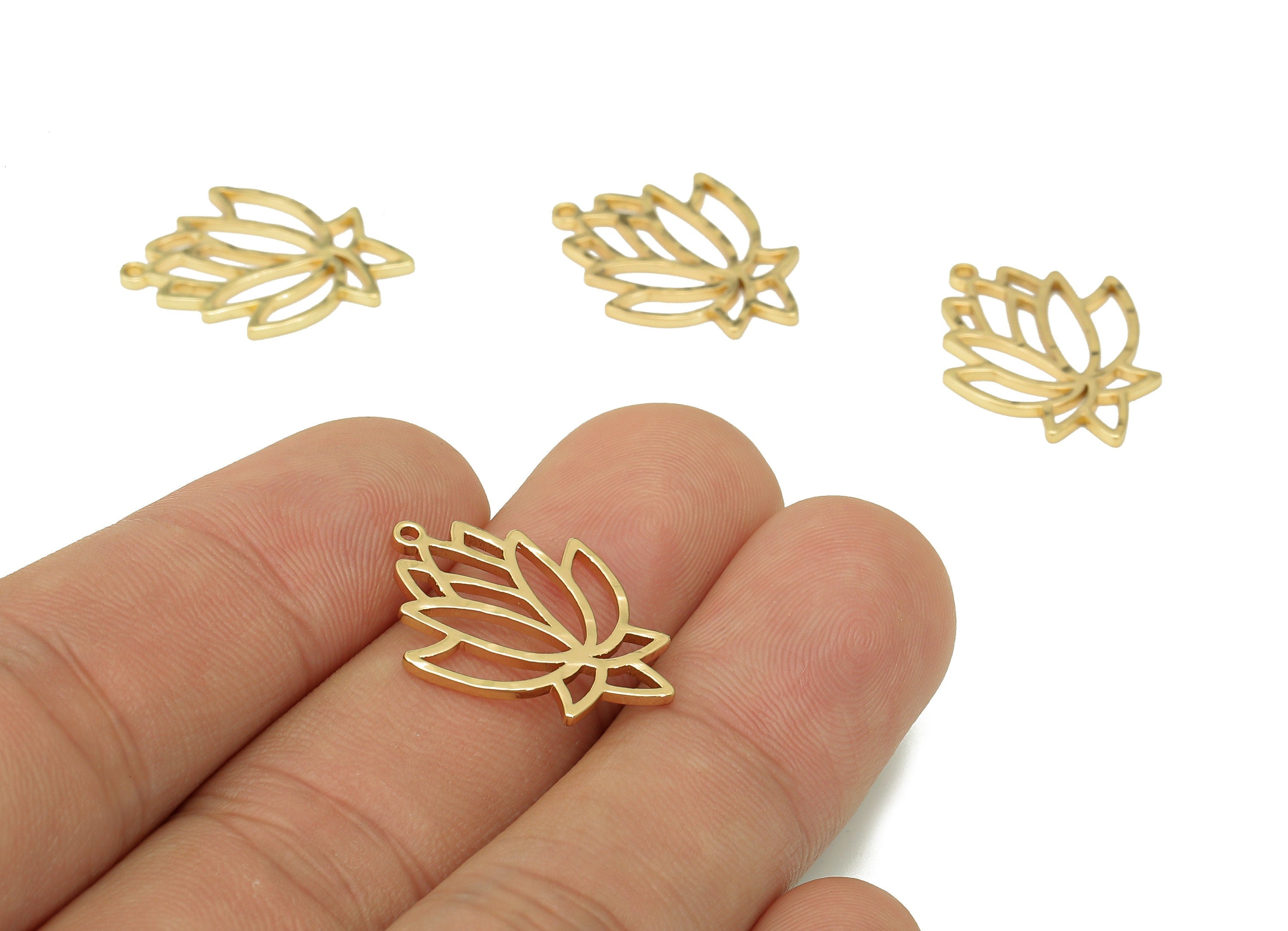 Brass Hammered Lotus Earring Charms - Flower Cutout Pendant With Loop - 18K Real Gold Plating - Charm For Necklace - 22.3x17.1x1mm - RGP5507 - DOMEDBAZAAR