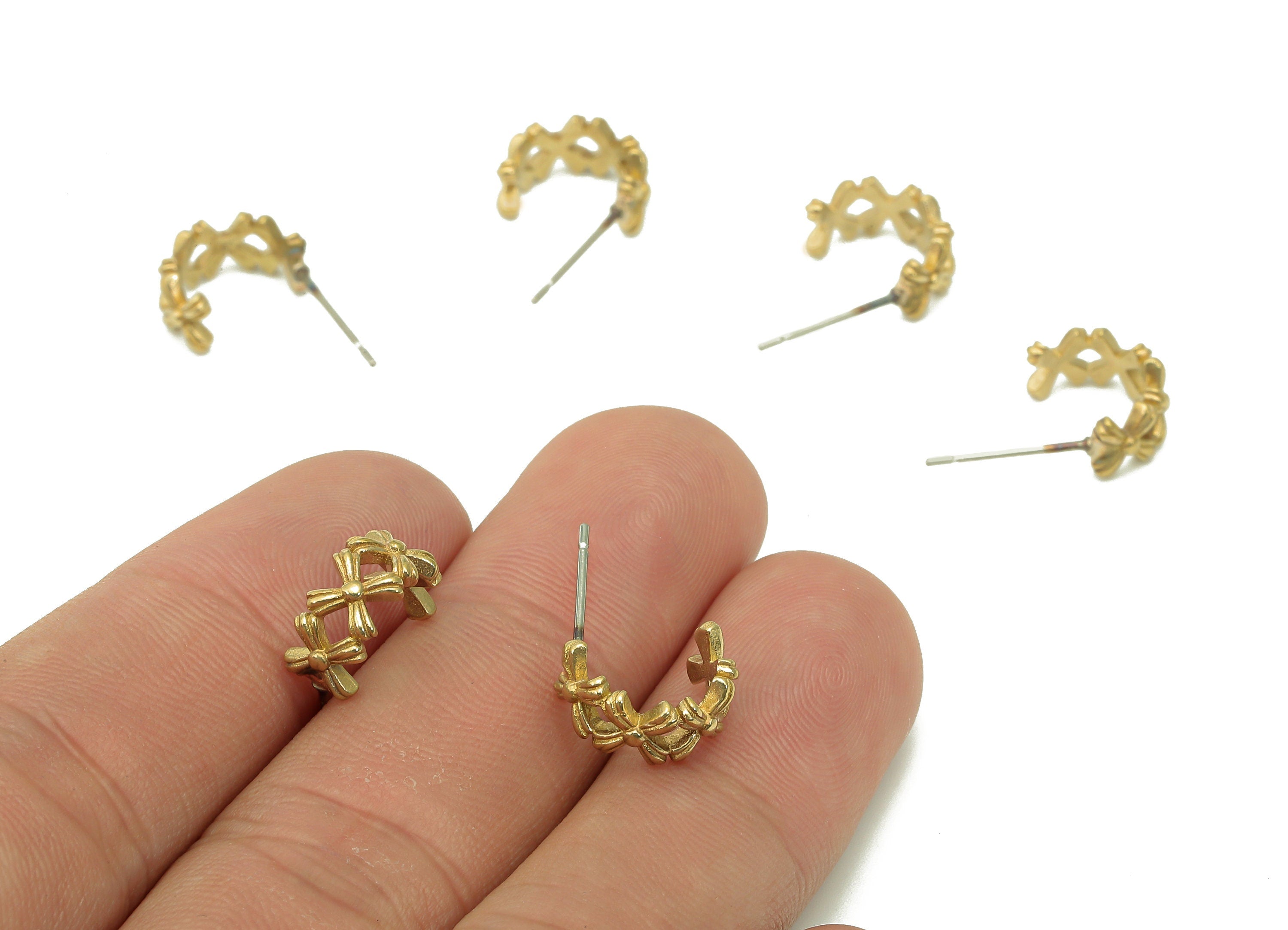 Brass Flower Open C Earrings Stud - Raw Brass Coronet Earring Post - Intersect Stud Earring - 316 Stainless Steel - 11.8x8.1x1.4mm - PP8123 - DOMEDBAZAAR