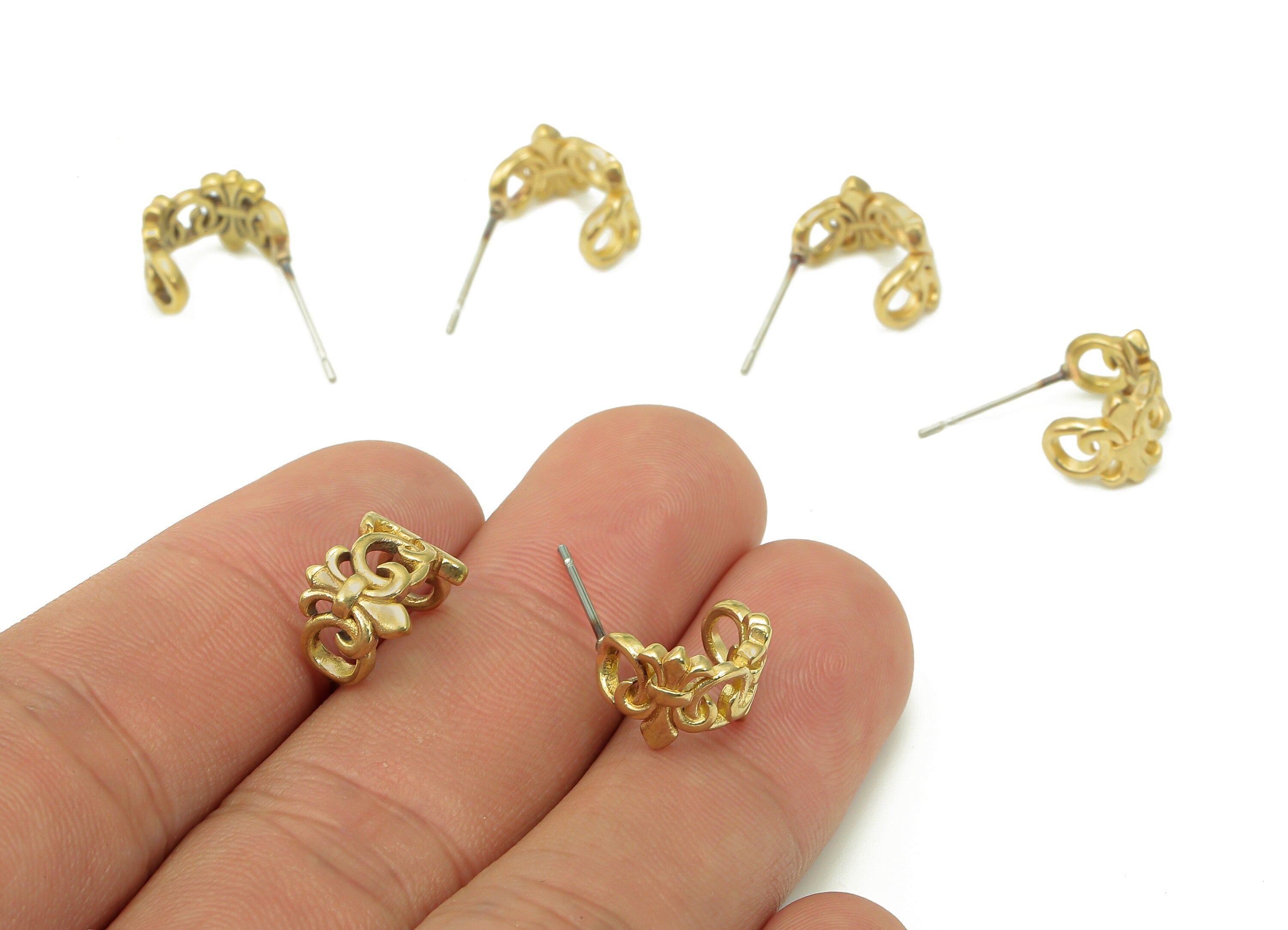 Brass Pattern Hoop Earrings Stud - Raw Brass Coronet Earring Post - Crown Stud Earring - 316 Stainless Steel - 10.7x8.39x1.76mm - PP8124 - DOMEDBAZAAR