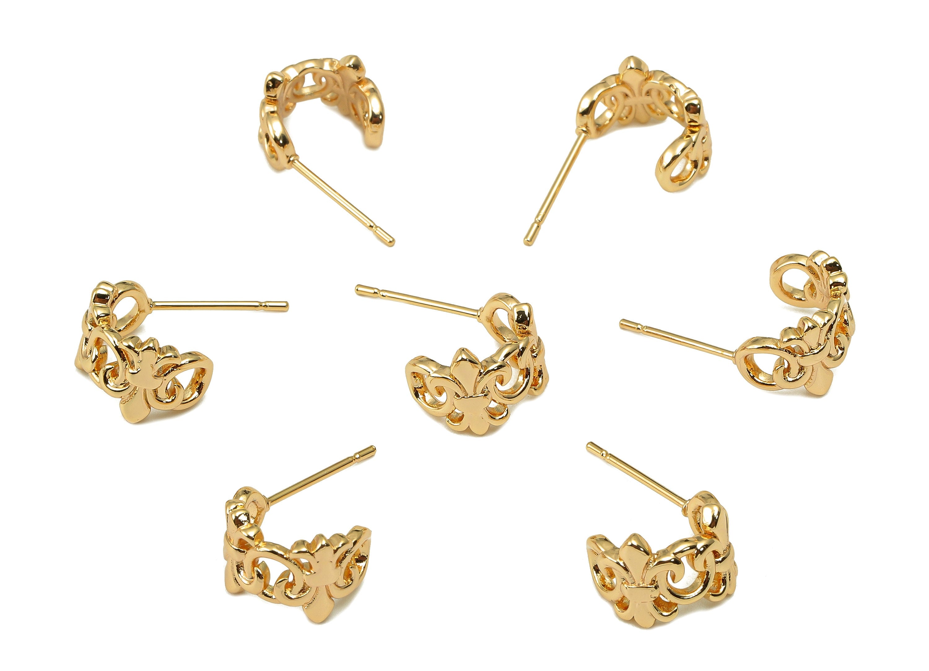 Brass Flower Huggie C Stud Earrings - Coronet Earring Post - 316 Stainless Steel Stud - 18K Real Gold Plating - 19.2x10.6x1.7mm - RGP5608 - DOMEDBAZAAR