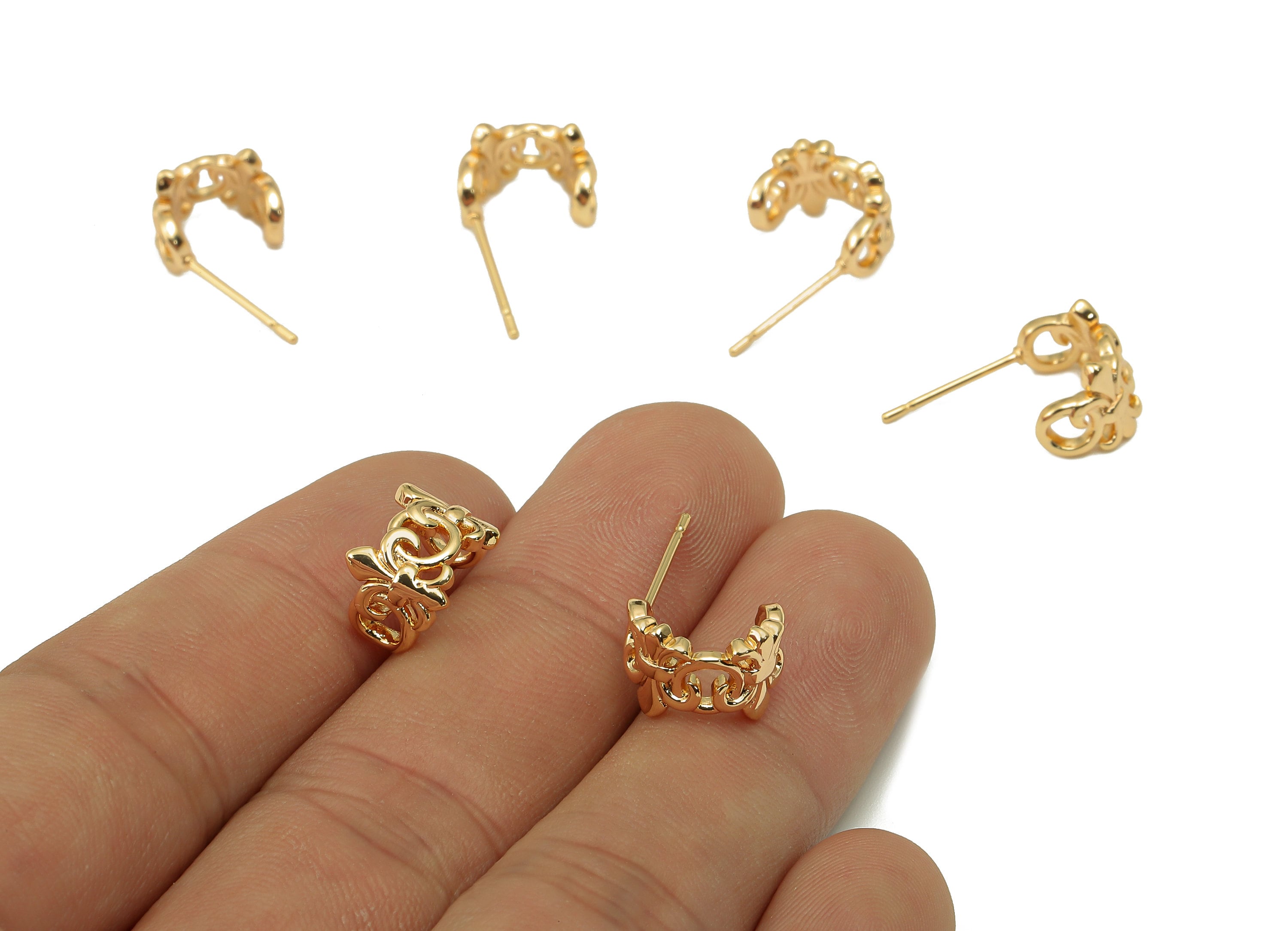 Brass Flower Huggie C Stud Earrings - Coronet Earring Post - 316 Stainless Steel Stud - 18K Real Gold Plating - 19.2x10.6x1.7mm - RGP5608 - DOMEDBAZAAR