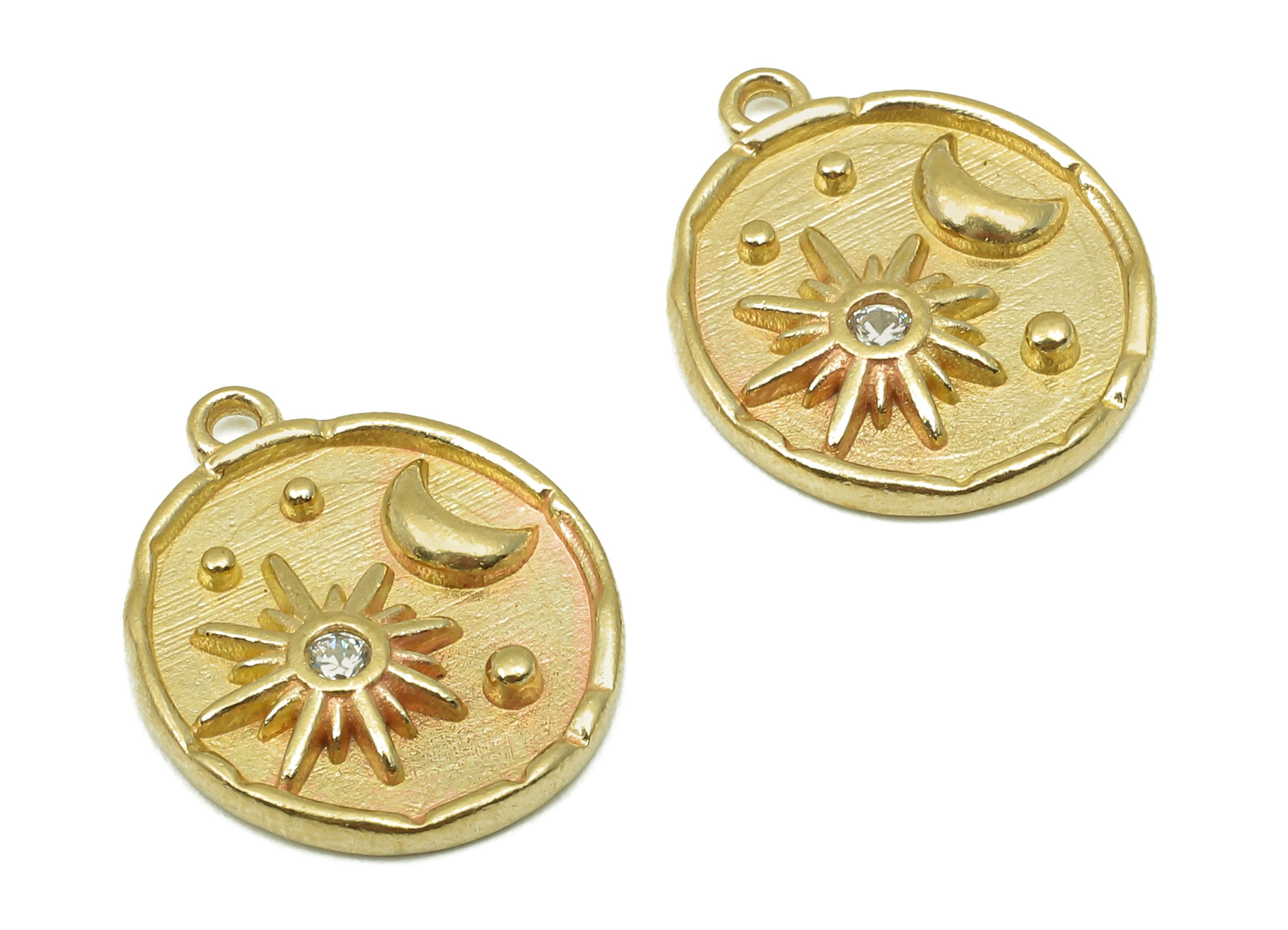 Brass Round Crescent Earring Charm - Raw Brass Circle Star Earrings -  Zircon Pendant With Loop - Necklace Charm -  17.3x14.1x2.2mm - PP8175 - DOMEDBAZAAR