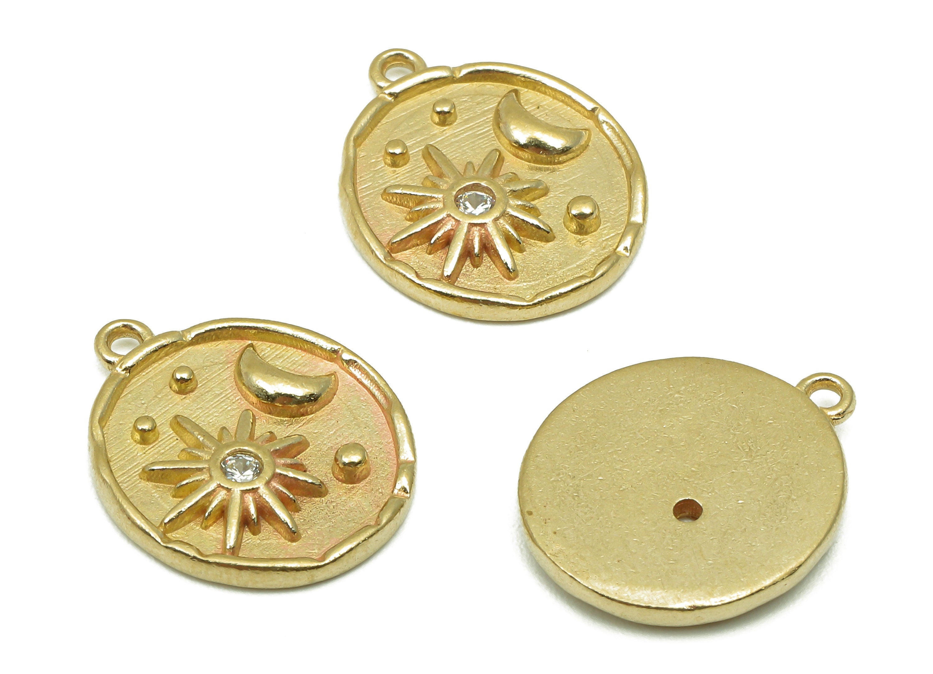 Brass Round Crescent Earring Charm - Raw Brass Circle Star Earrings -  Zircon Pendant With Loop - Necklace Charm -  17.3x14.1x2.2mm - PP8175 - DOMEDBAZAAR