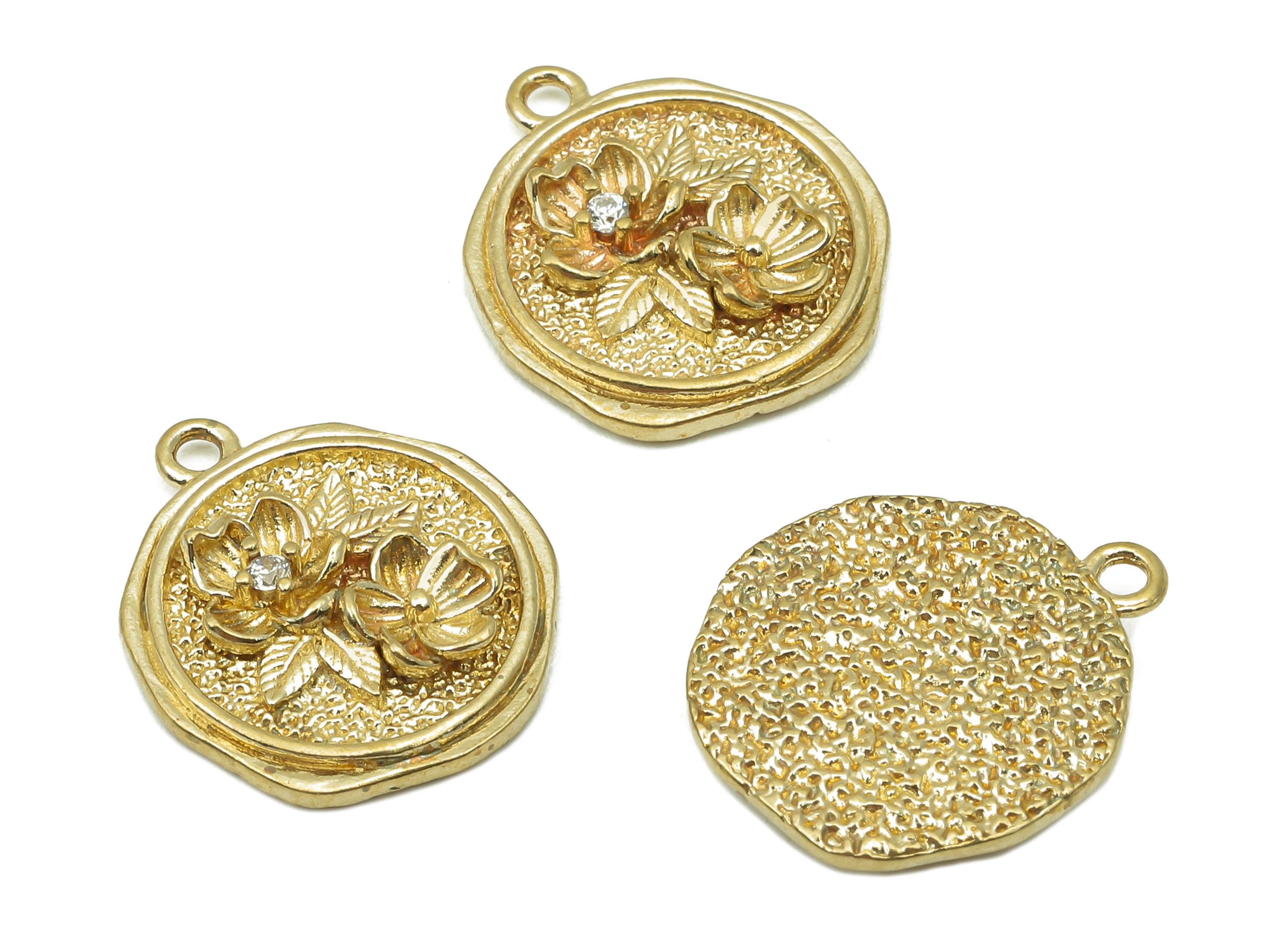 Brass Round Flower Earring Charm - Raw Brass Textured Circle Earring -  Zircon Pendant With Loop - Necklace Charm -  17.1x15.6x2.8mm -PP8176 - DOMEDBAZAAR