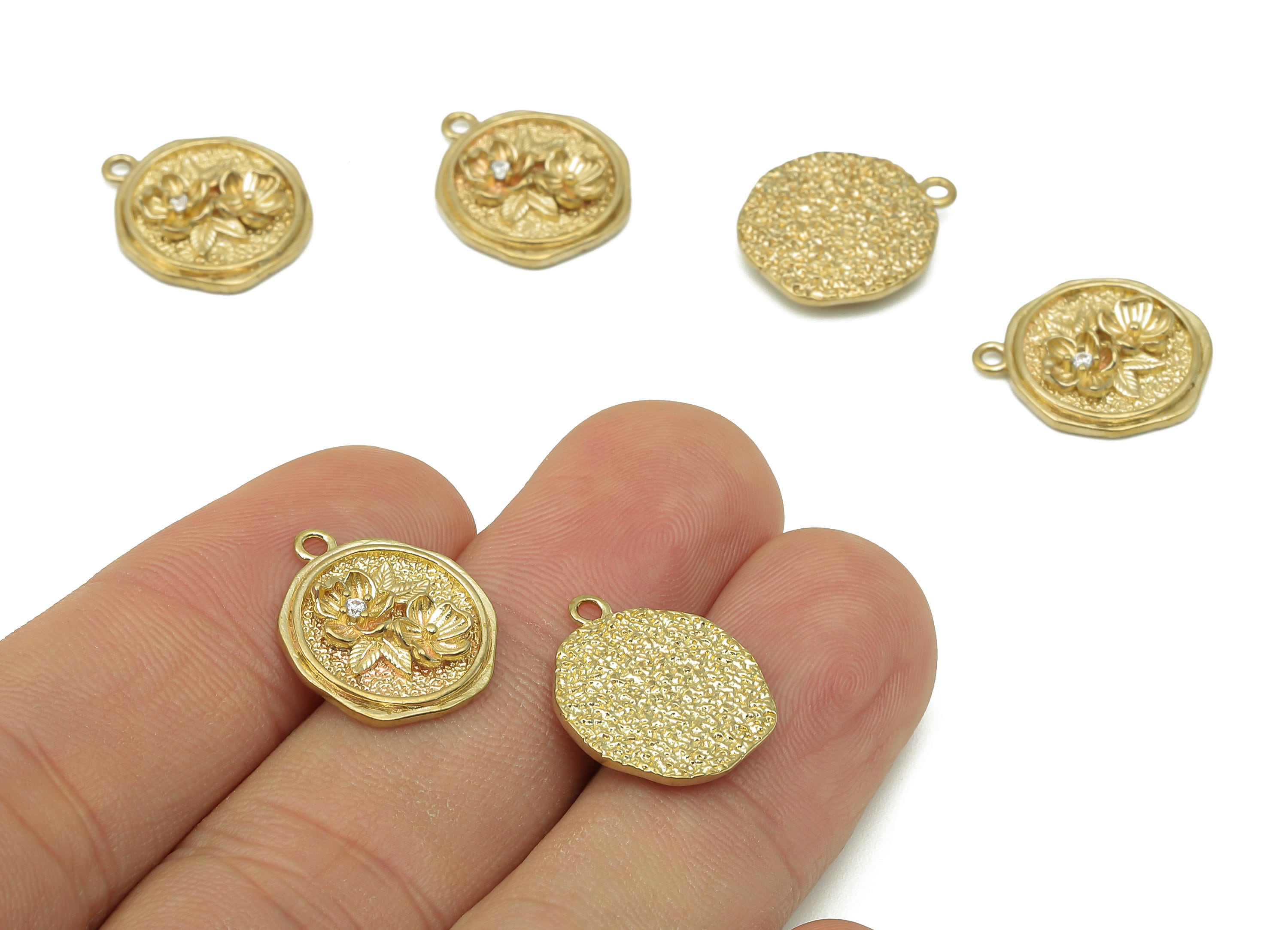 Brass Round Flower Earring Charm - Raw Brass Textured Circle Earring -  Zircon Pendant With Loop - Necklace Charm -  17.1x15.6x2.8mm -PP8176 - DOMEDBAZAAR