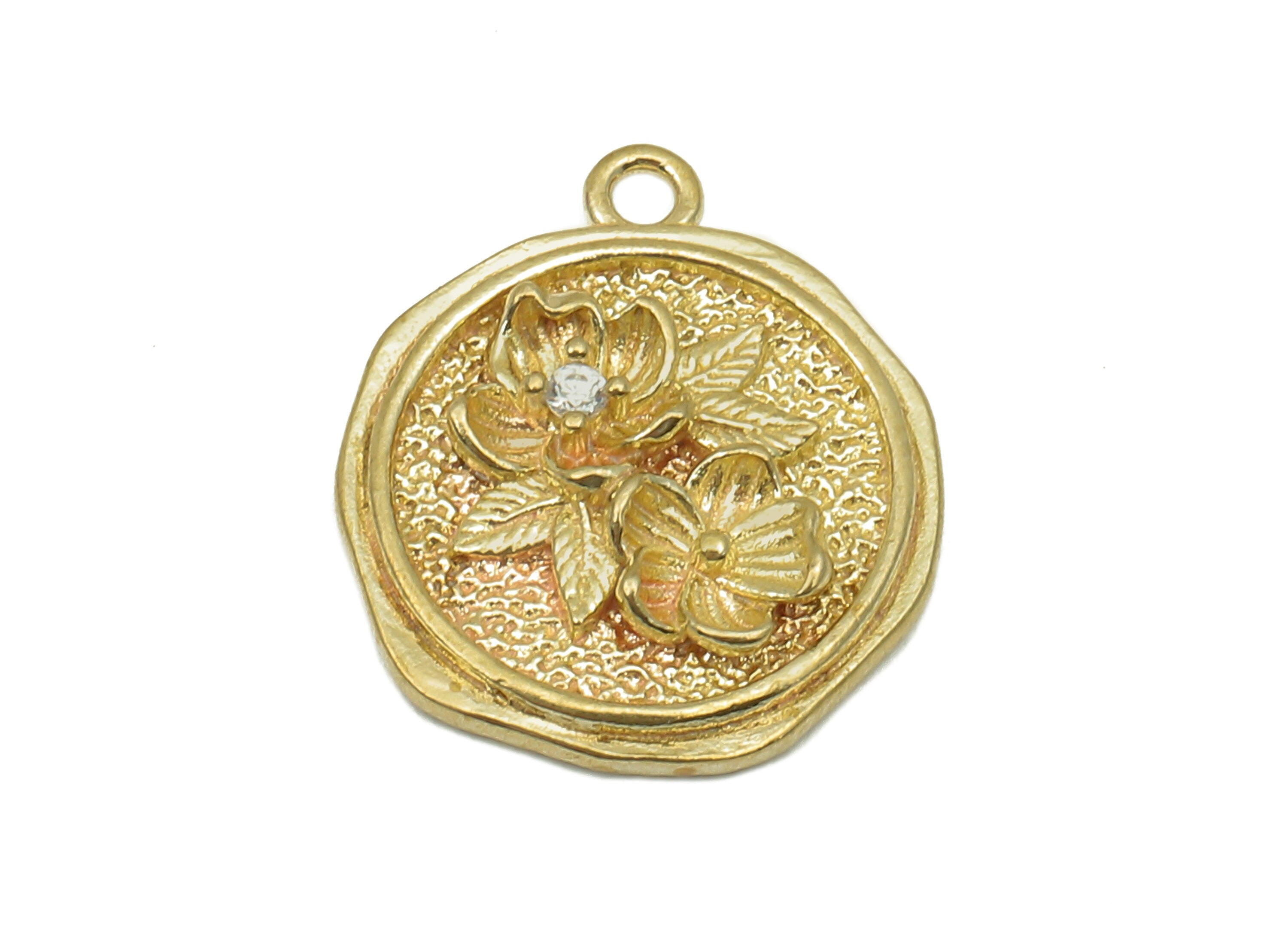 Brass Round Flower Earring Charm - Raw Brass Textured Circle Earring -  Zircon Pendant With Loop - Necklace Charm -  17.1x15.6x2.8mm -PP8176 - DOMEDBAZAAR