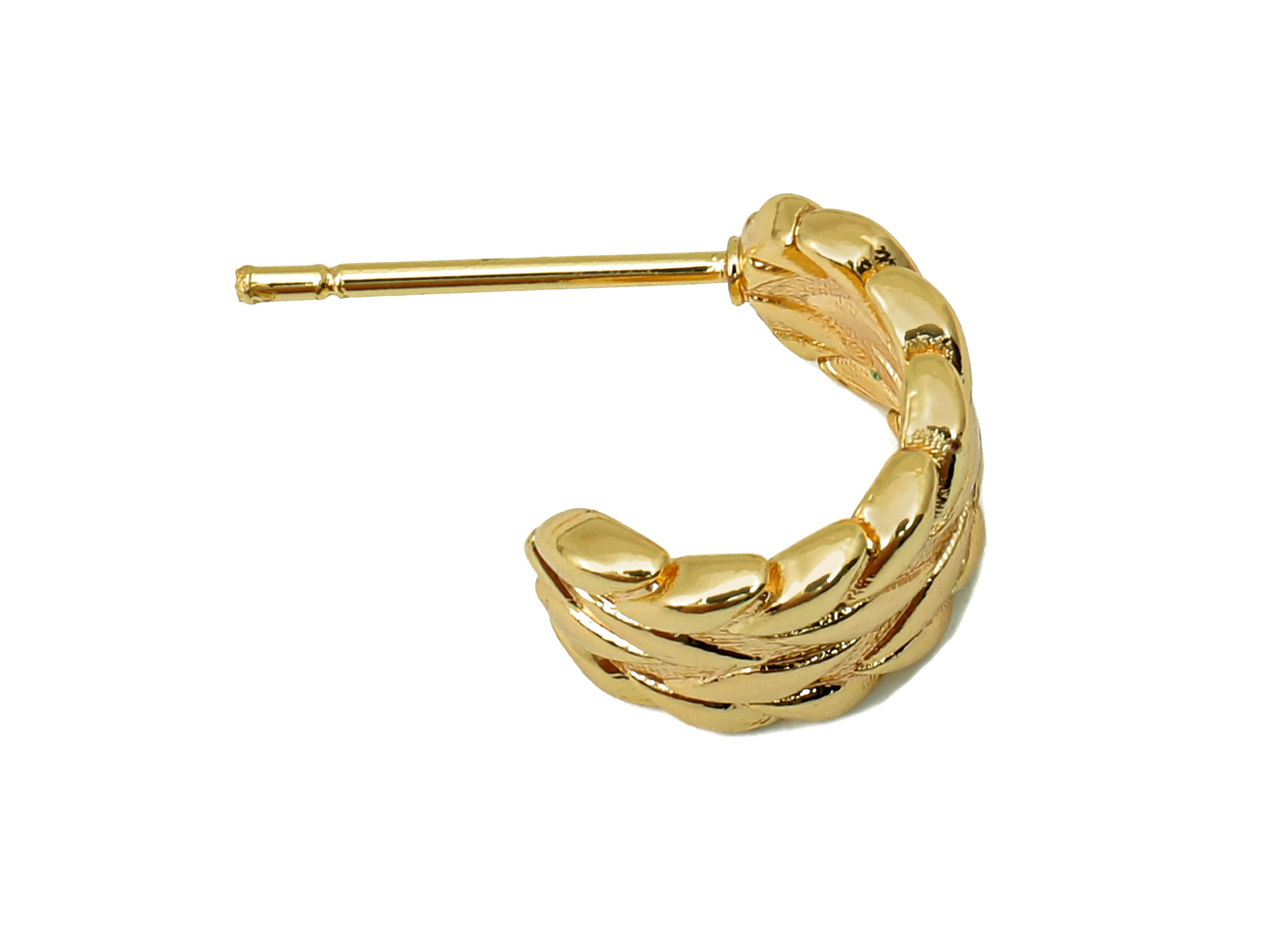 Brass Semicircle C Stud Earring - Leaf Textured Earring Post - 316 Stainless Steel Stud - 18K Real Gold Plating - 18.4x11.1x1.7mm - RGP5609 - DOMEDBAZAAR