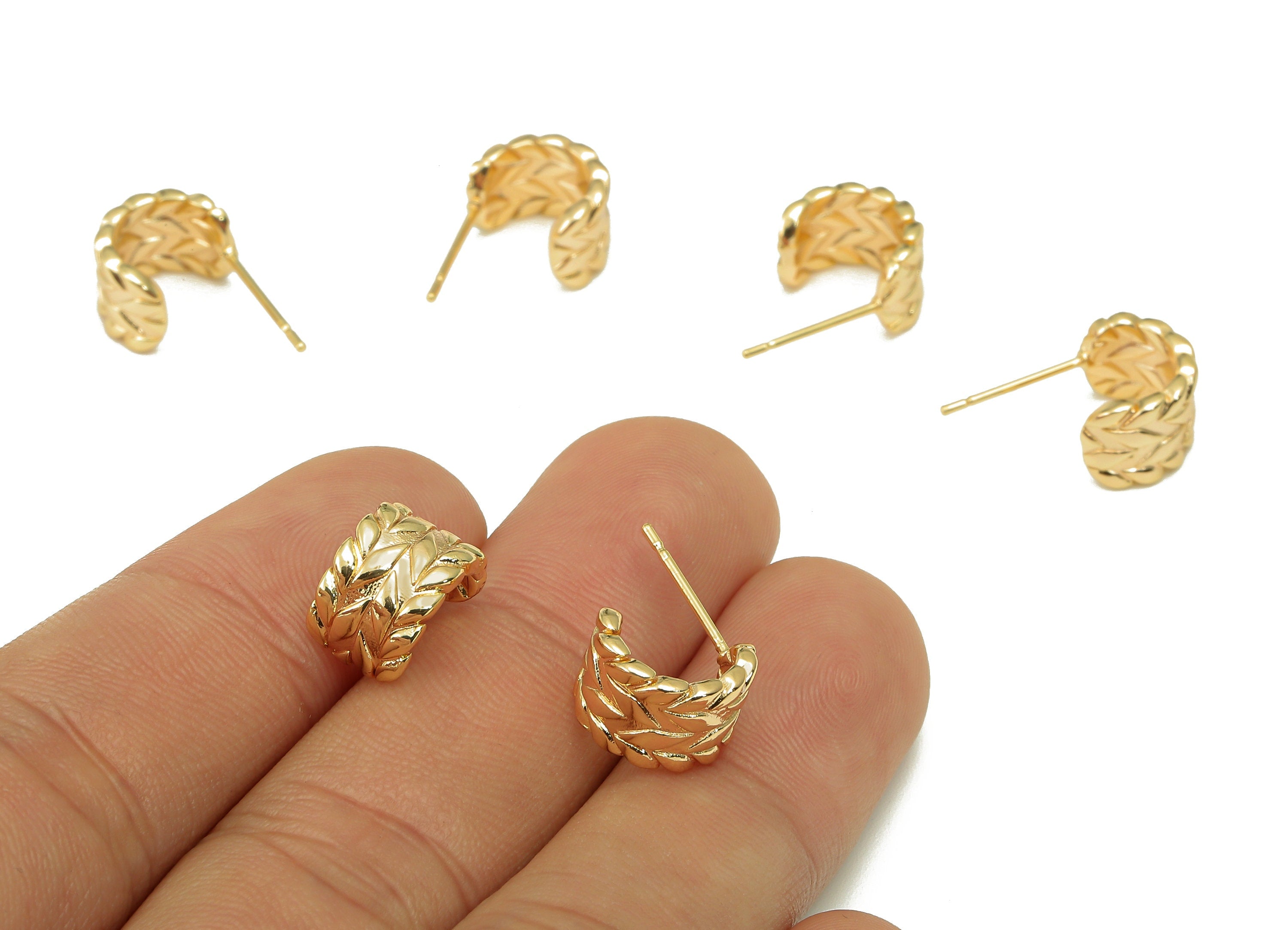 Brass Semicircle C Stud Earring - Leaf Textured Earring Post - 316 Stainless Steel Stud - 18K Real Gold Plating - 18.4x11.1x1.7mm - RGP5609 - DOMEDBAZAAR
