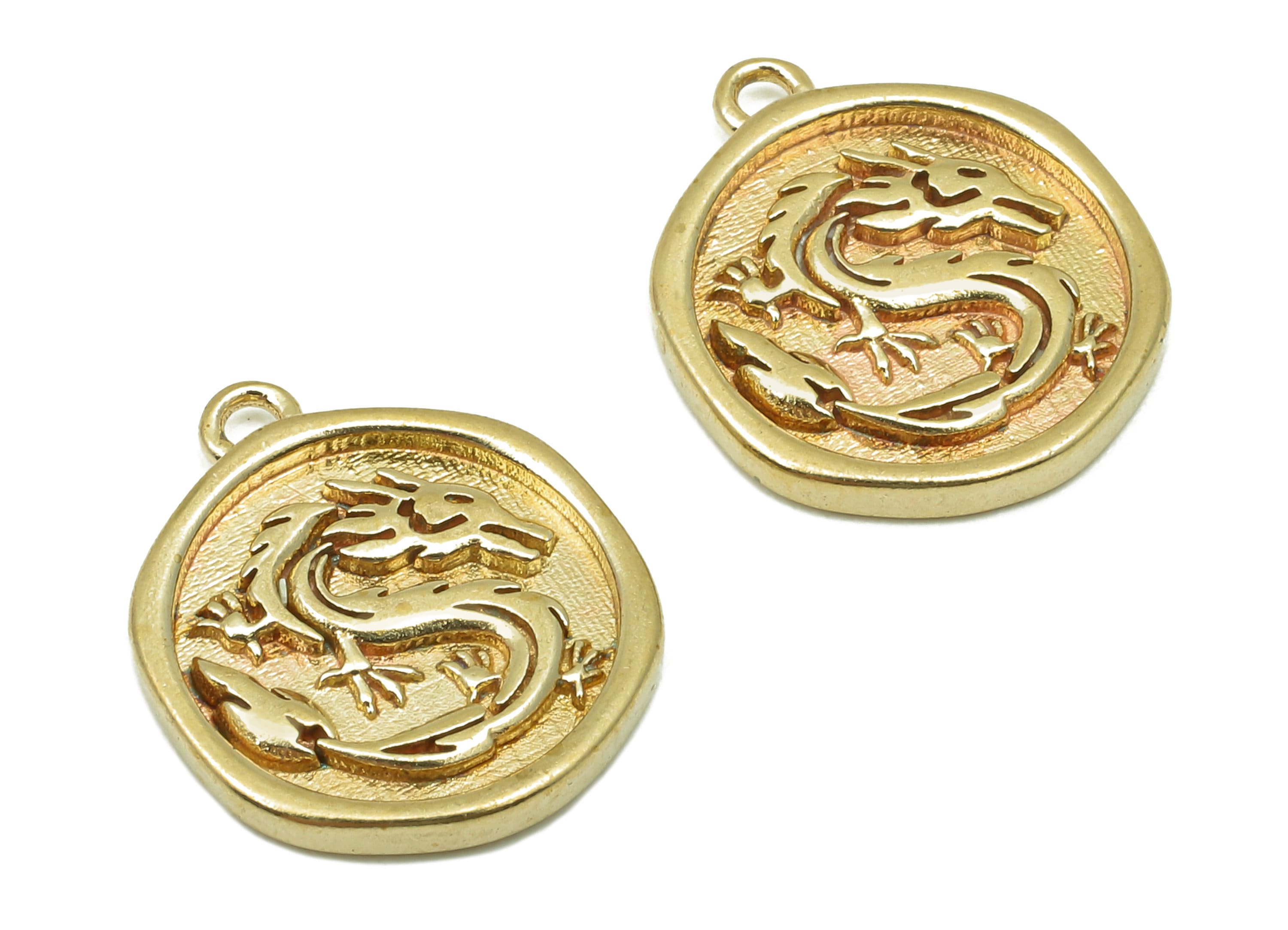 Brass Round Dragon Earring Charms - Raw Brass Circle Dragon Earrings -  Pendant With Loop - Dragon Necklace Charm - 16.1x13.7x1.9mm - PP8177 - DOMEDBAZAAR