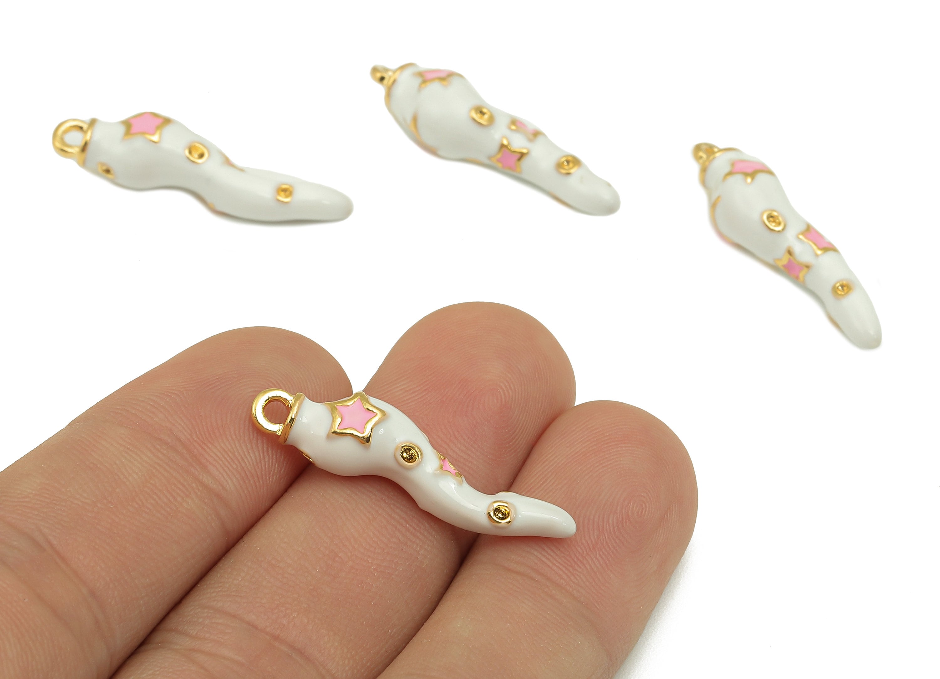 Brass Pink Star Chili Pendant - Thick White Enamel Vegetable Earring - Charm With Loop - 18K Real Gold Plating - 29.7x7.6x7.6mm - RGP5762 - DOMEDBAZAAR